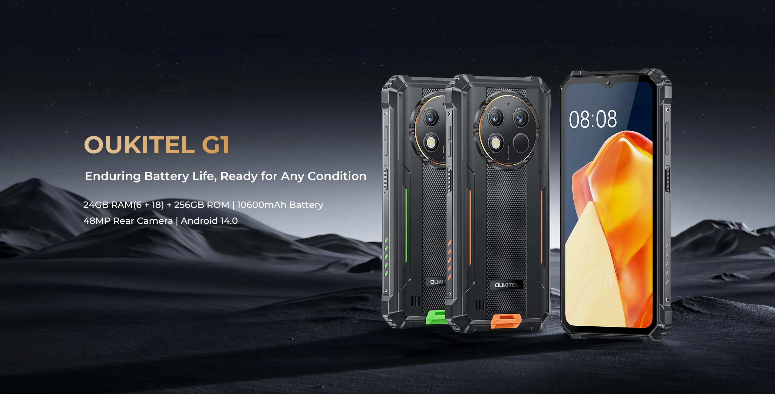 Oukitel G1 Rugged Smartphone 6.52'' HD+ 10600mAh 24(6+18)GB+256GB Android14 48MP Camera Cell Phone