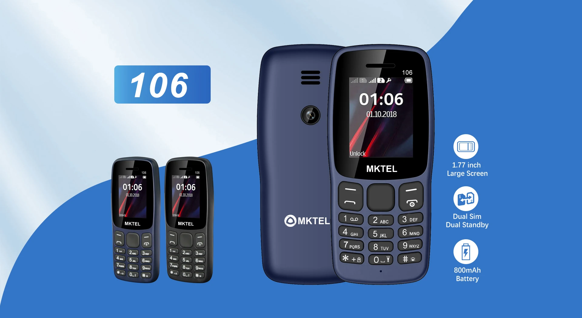 MKTEL Feature Phone 1.77" Display 800mAh Battery Dual SIM Dual Standby Strong Torch MP3 MP4 FM Radio Bluetooth GPRS
