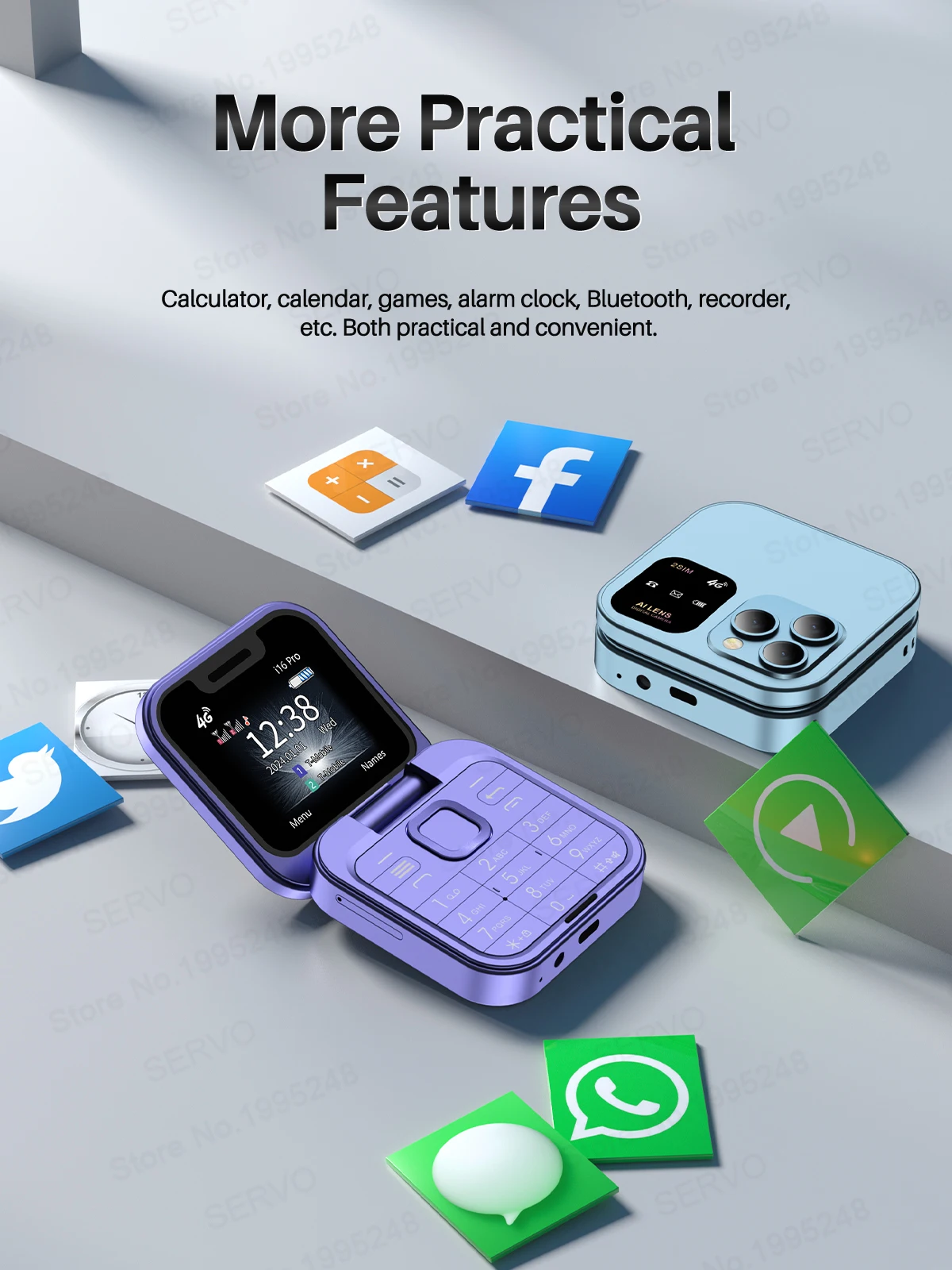 SERVO i16 Pro 2G GSM/4G LTE Network Small Flip Mobile Phone 2 SIM Standby Call Recording Speed Dial 1.77" Mini Folding Cellphone