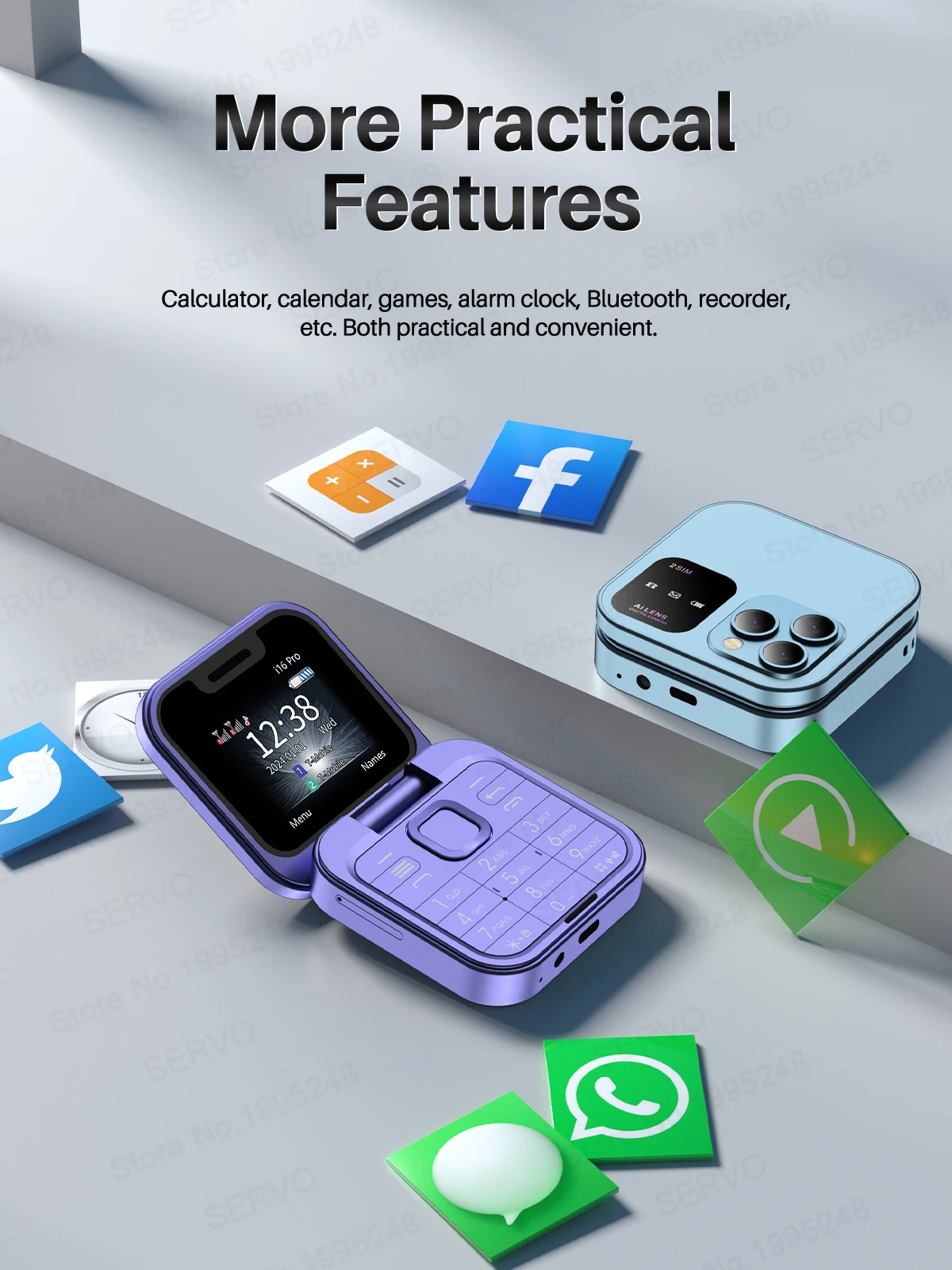 SERVO i16 Pro 2G GSM/4G LTE Network Small Flip Mobile Phone 2 SIM Standby Call Recording Speed Dial 1.77" Mini Folding Cellphone