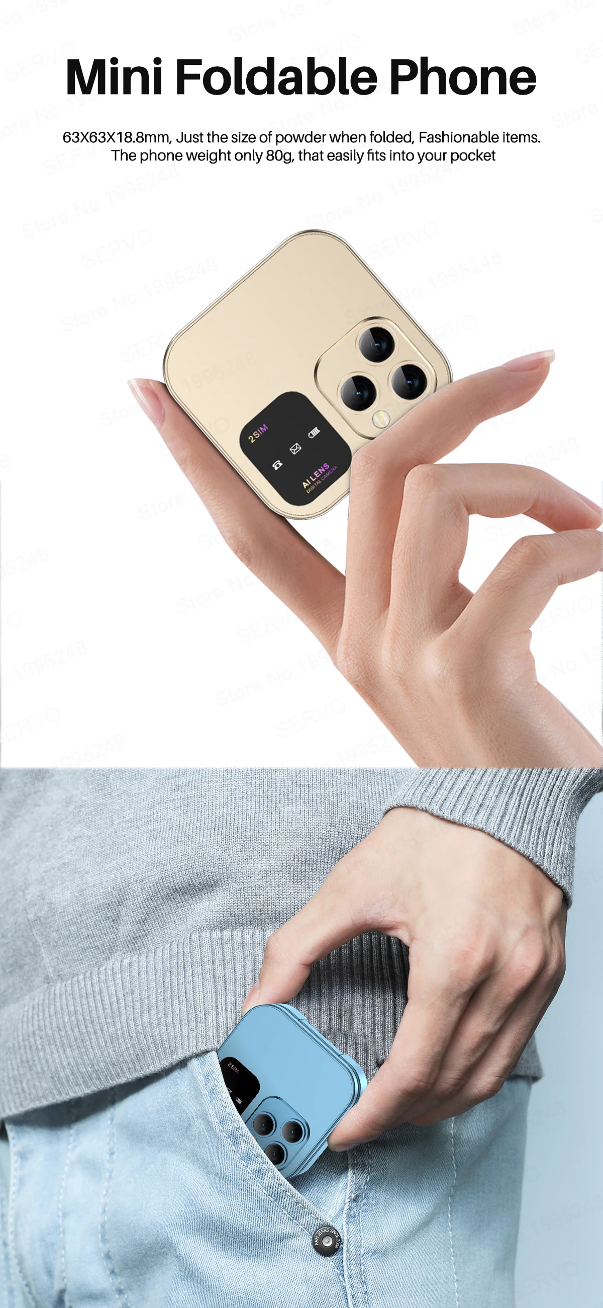 SERVO i16 Pro 2G GSM/4G LTE Network Small Flip Mobile Phone 2 SIM Standby Call Recording Speed Dial 1.77" Mini Folding Cellphone