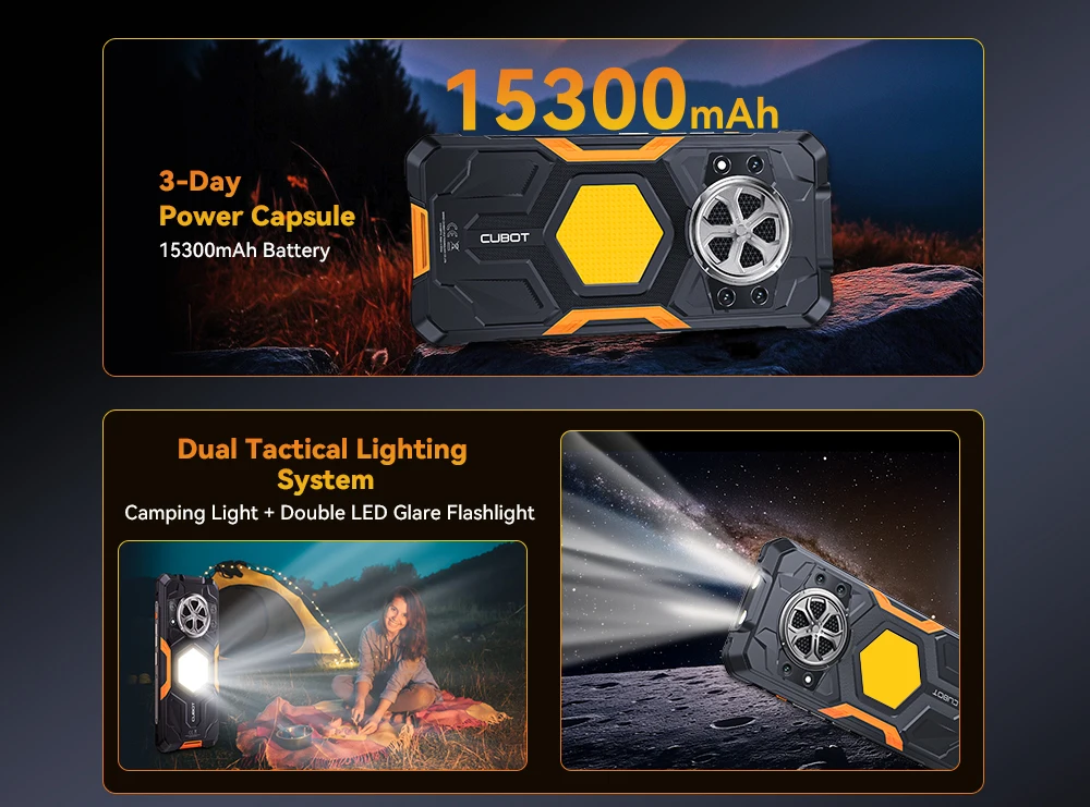 CUBOT KingKong Power 5 Rugged Smartphone G100 16GB RAM (6+10)+128GB ROM Android 15 15300mAh 6.88" 120Hz 64MP Camping Light Phone