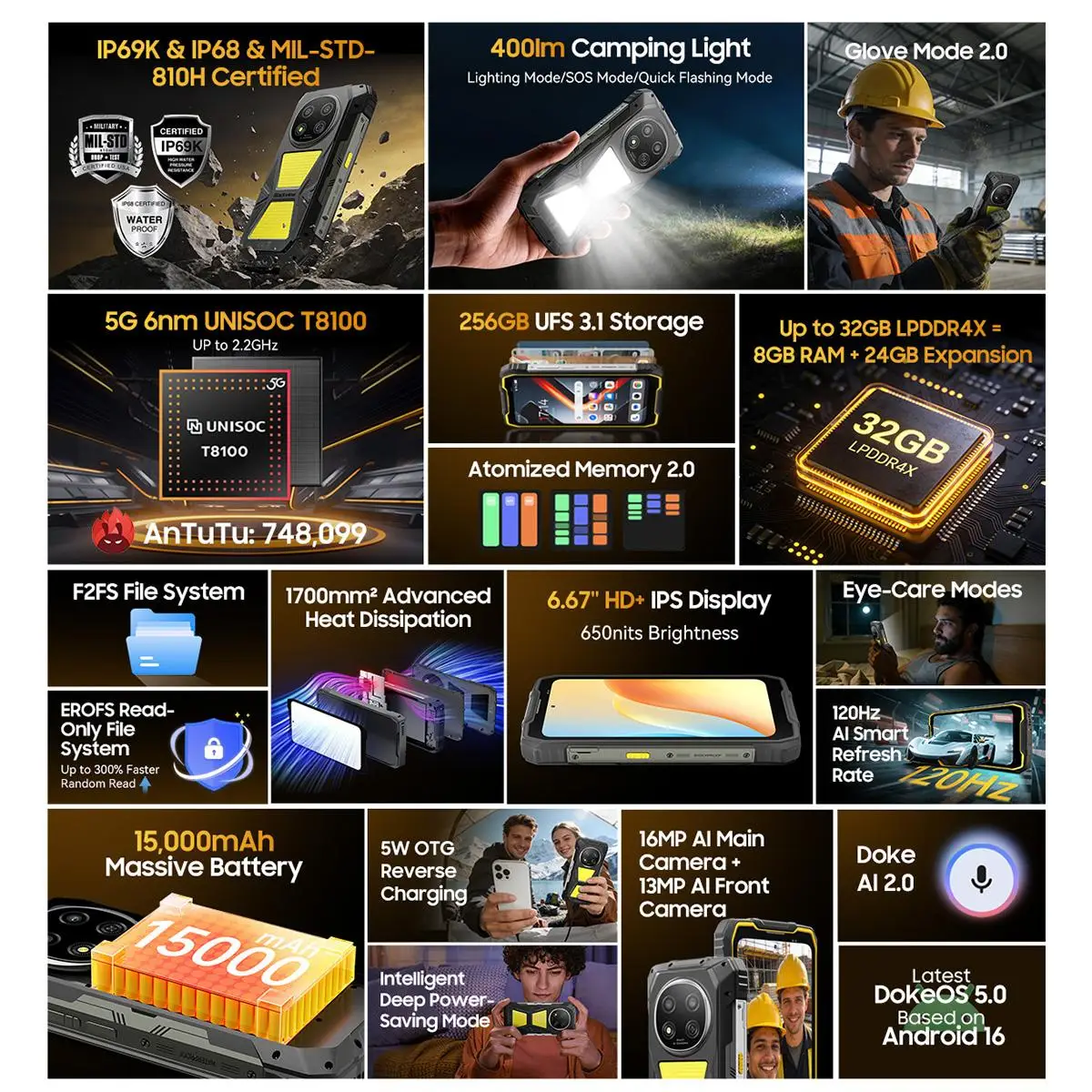 Blackview 5G ROCK 2 Pro Rugged Smartphone 32GB(8+24)+256GB 6.67 inch IPS 120Hz 400lm Camping Light Android 16 15000mAh 33W NFC