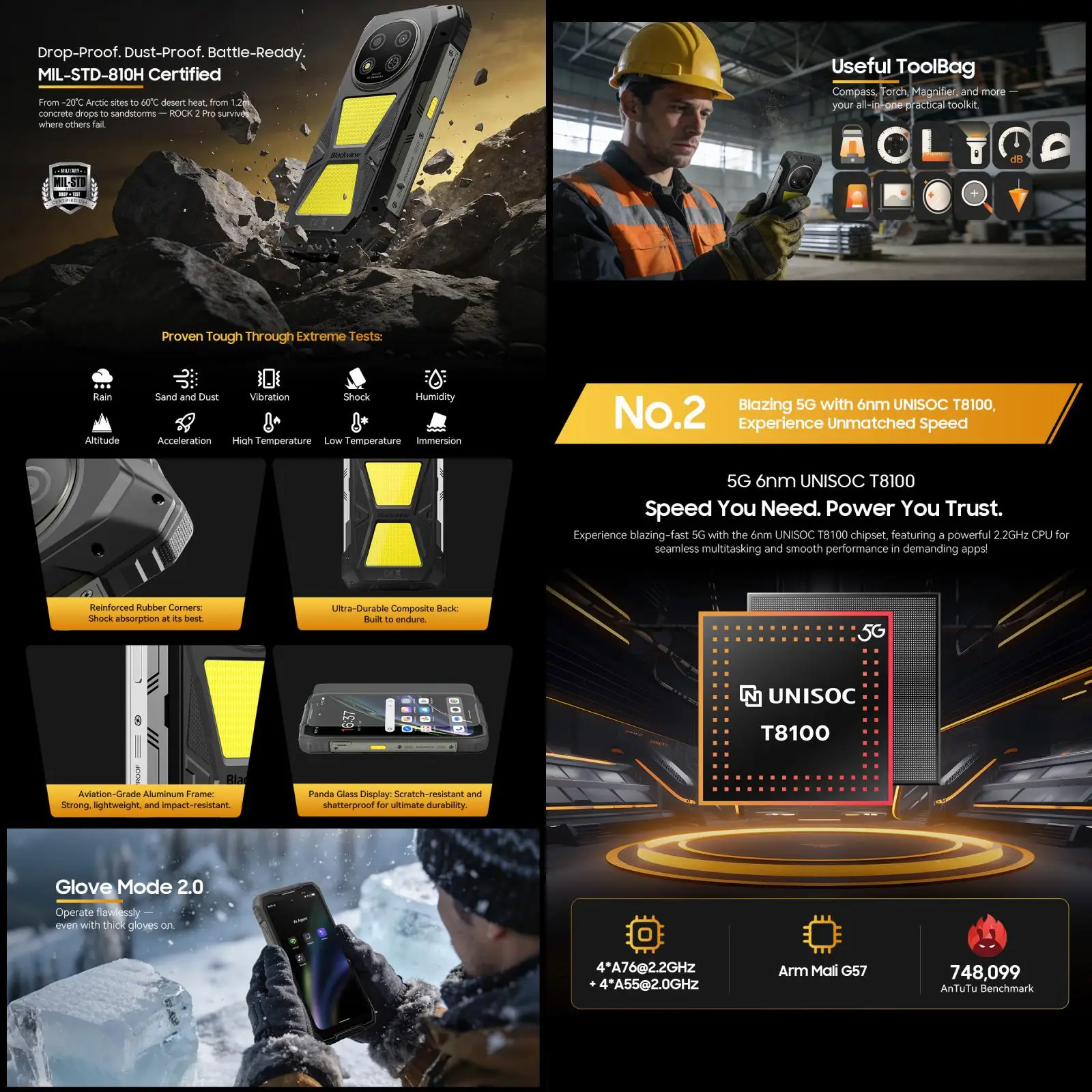 Blackview 5G ROCK 2 Pro Rugged Smartphone 32GB(8+24)+256GB 6.67 inch IPS 120Hz 400lm Camping Light Android 16 15000mAh 33W NFC