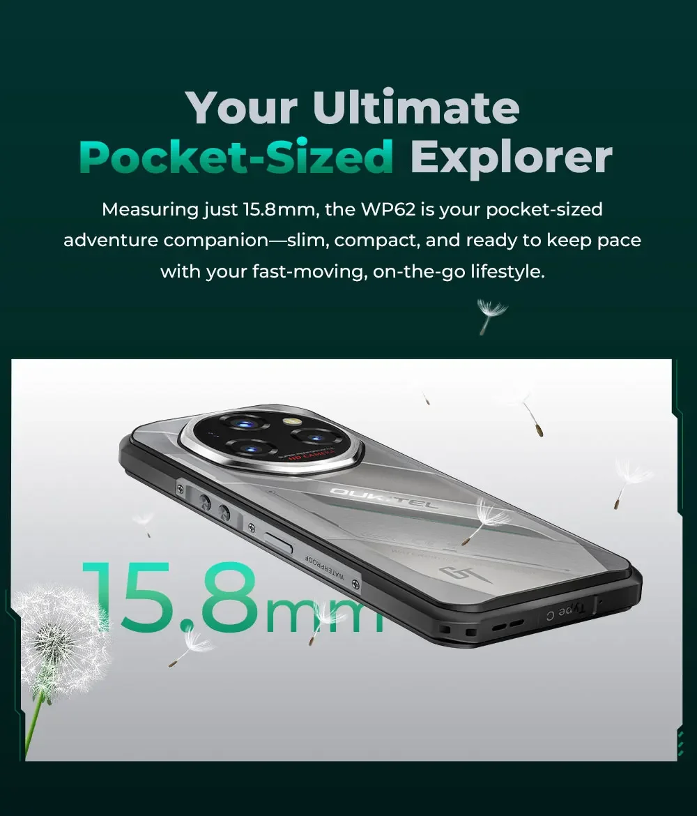 OUKITEL WP62 Mobile Phone 36GB(12+24) RAM 512GB ROM Android 15 Rugged Smartphone 6.6'' FHD+ Display 11000mAh 108MP 33W NFC