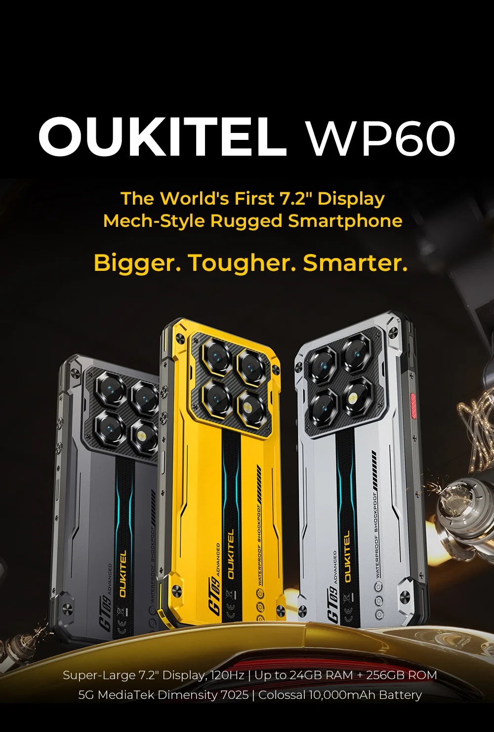 OUKITEL WP60 5G 24GB(8+16)GB+256GB ROM 7.2” HD+ 120Hz Display Smartphone MTK 7025 10000mAh Rugged Phone 108MP Android 15 NFC