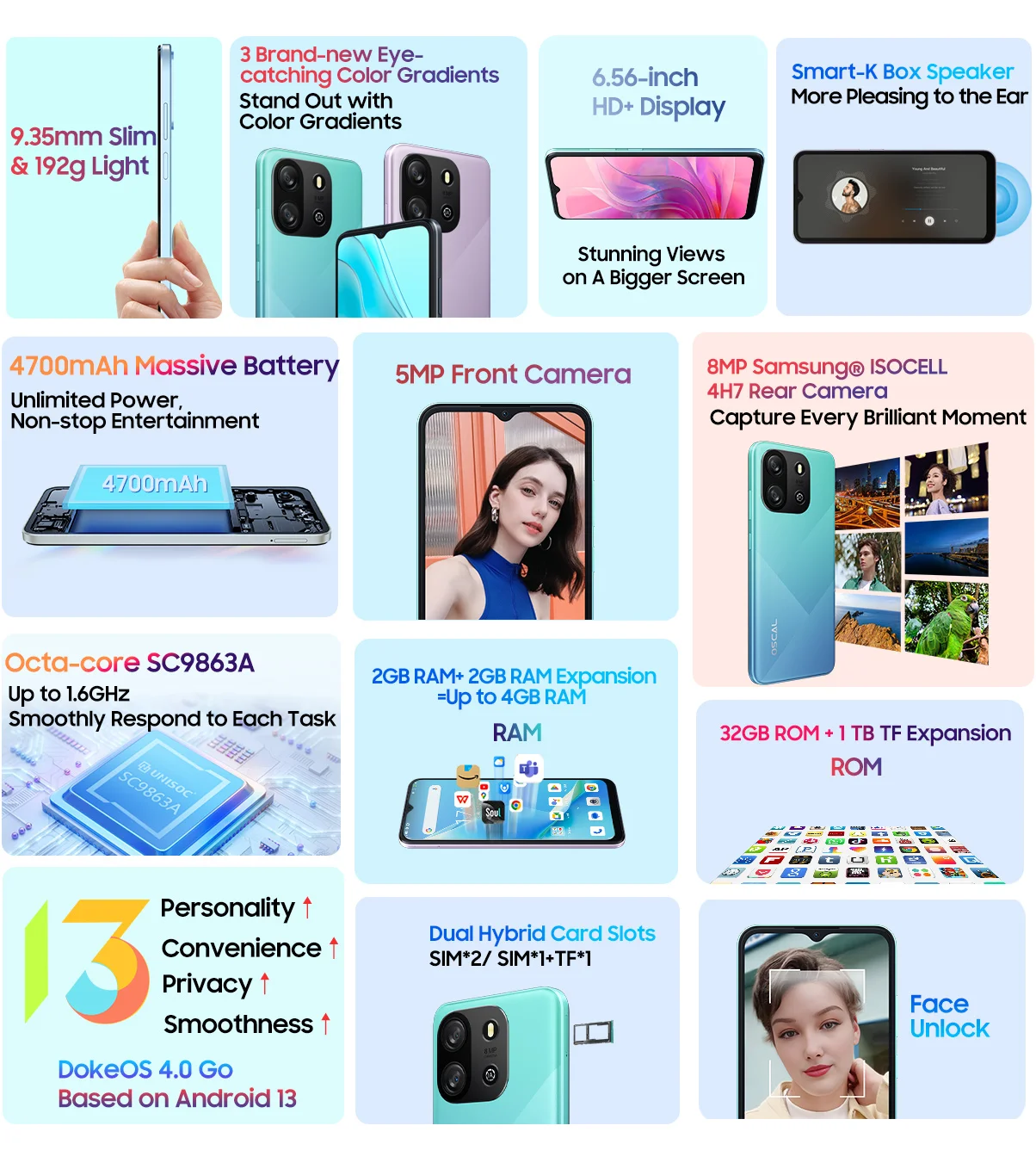 Blackview OSCAL FLAT 1C Mobile Phone Android 13, 2GB 32GB Cheap 6.65'' Smartphone, 4700mAh Battery Cell Phone Face Unlocked, 4G