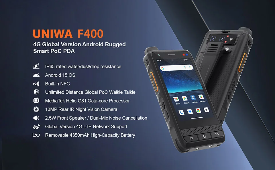 UNIWA F400 Zello POC Walkie Talkie Global 4G Rugged PDA Android 15 4 Inch 4GB+64GB 2.5W Big Speaker 4350mAh PoC SOS Button NFC