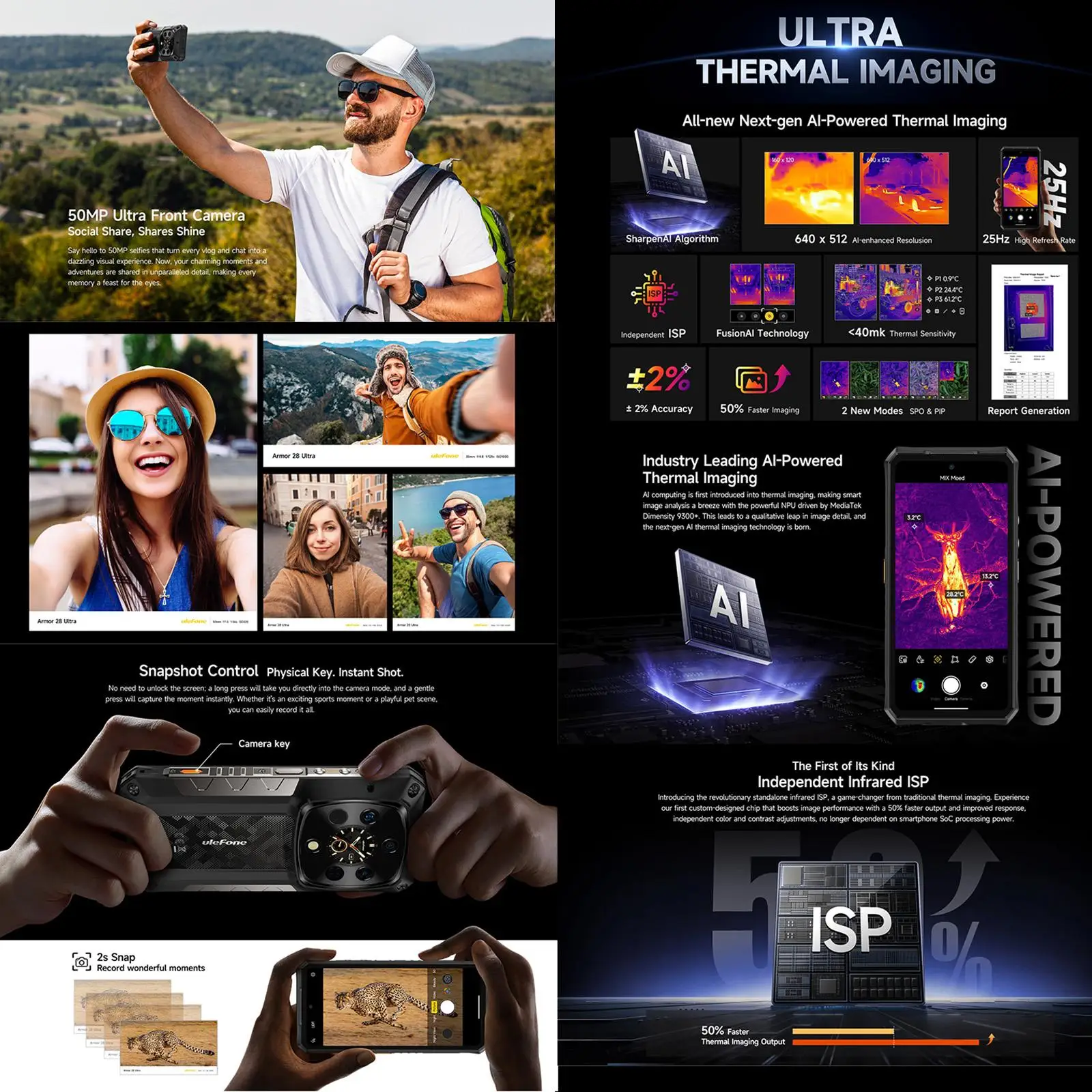 Ulefone Armor 28 Ultra 5G Thermal Imaging Rugged Phone 16GB+1TB Smartphone Android 14 AMOLED 6.67" Dimensity 9300+ 64MP 120W