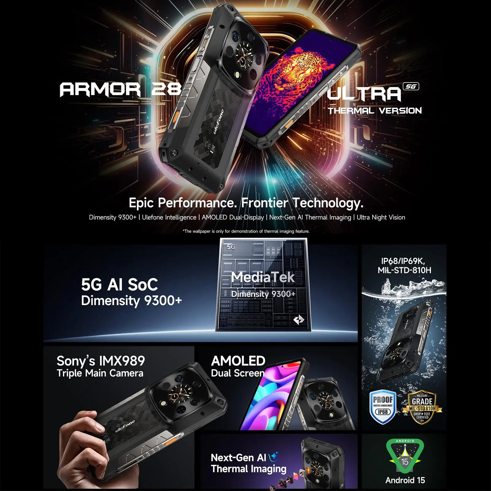 Ulefone Armor 28 Ultra 5G Thermal Imaging Rugged Phone 16GB+1TB Smartphone Android 14 AMOLED 6.67" Dimensity 9300+ 64MP 120W