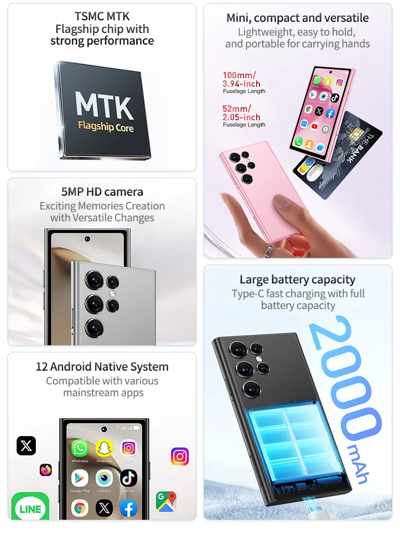 ONEMYTH S26 Pro 4G Mini Smartphone 4.0' 3GB+64GB Dual SIM 2000mAh Face Unlock Small Pocket Phone for Student Elderly Backup Phon