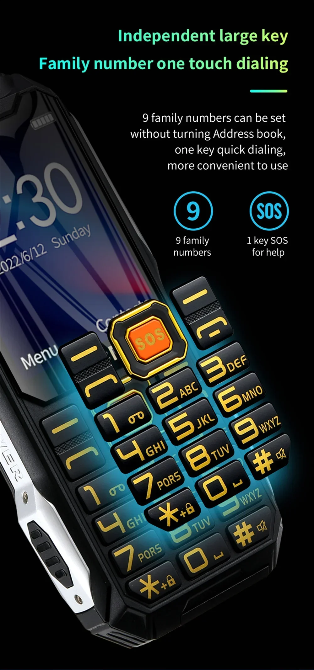 YeeMI Q8 4G Rugged Phone Waterproof Full Band Feature Phone 2.6Inch HD SOS Button Big Loudspeaker LED Light 16800mAh Battery