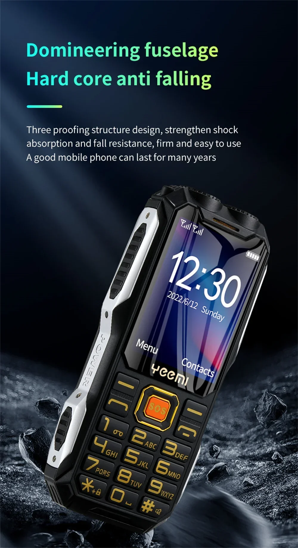 YeeMI Q8 4G Rugged Phone Waterproof Full Band Feature Phone 2.6Inch HD SOS Button Big Loudspeaker LED Light 16800mAh Battery