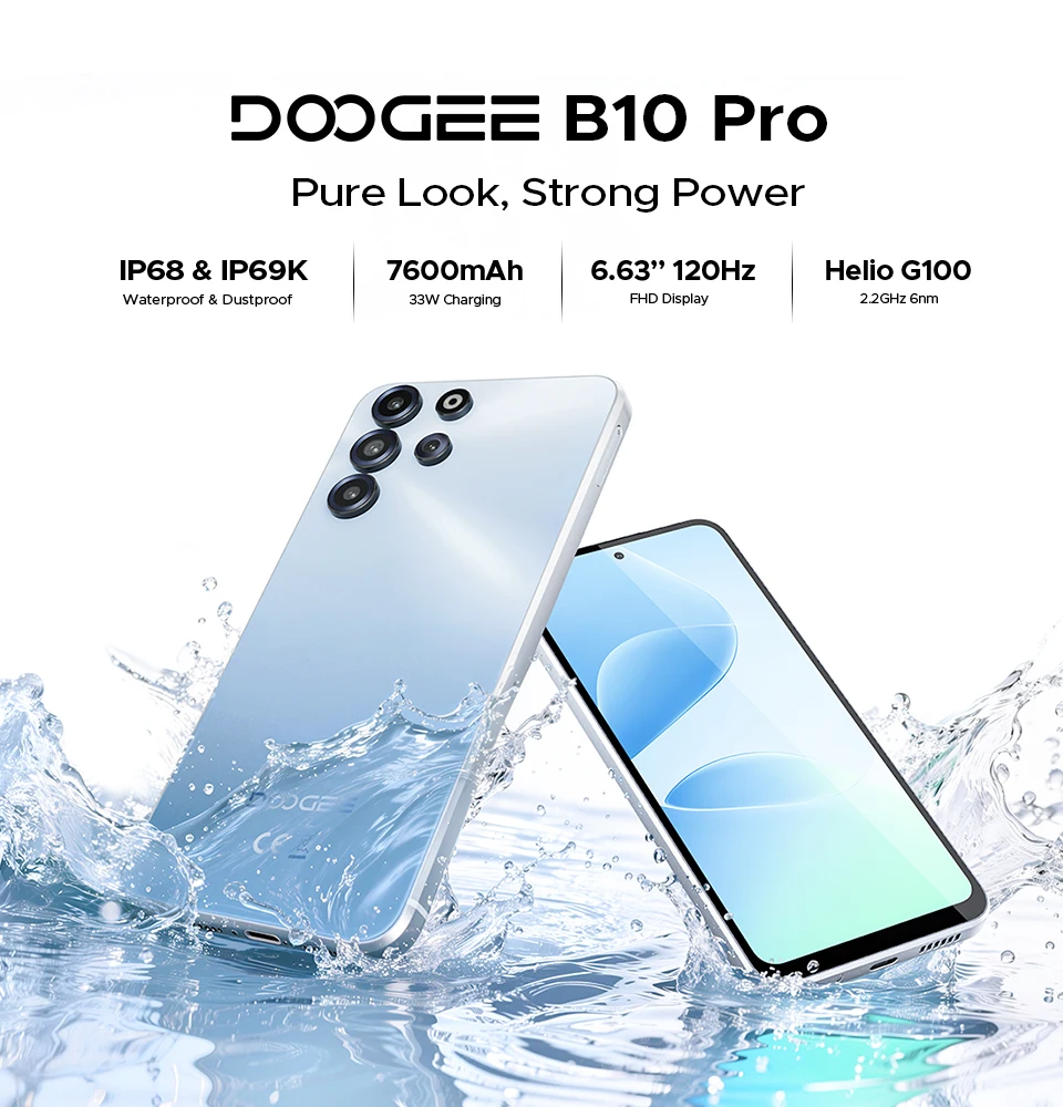 World Premiere DOOGEE B10 Pro Smartphone 64GB+256GB 6.63” FHD 120Hz Display IP68 / IP69K Helio G100 7600mAh Battery Android 16