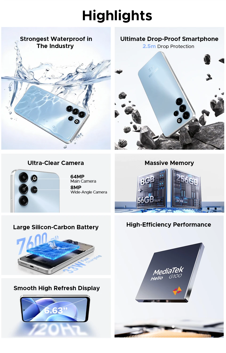 World Premiere DOOGEE B10 Pro Smartphone 64GB+256GB 6.63” FHD 120Hz Display IP68 / IP69K Helio G100 7600mAh Battery Android 16