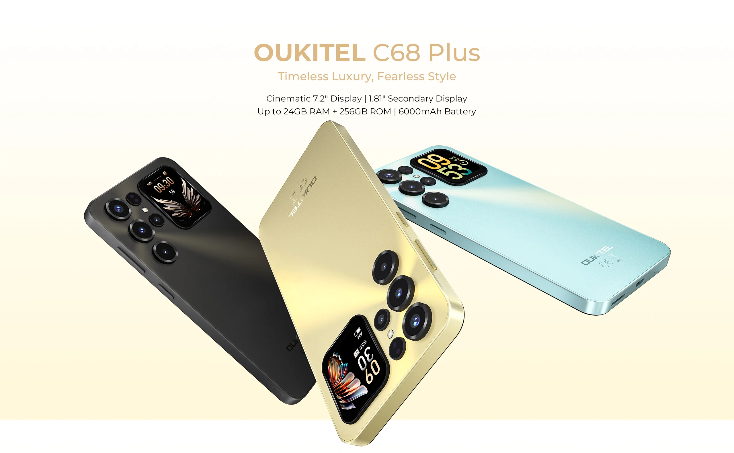 OUKITEL C68 Plus 6000mAh Smartphone, 24(6+18)GB+256GB, 7.2"+1.81" Dual Display 120H Mobile Phone 64MP Main Camera NFC Cellphone