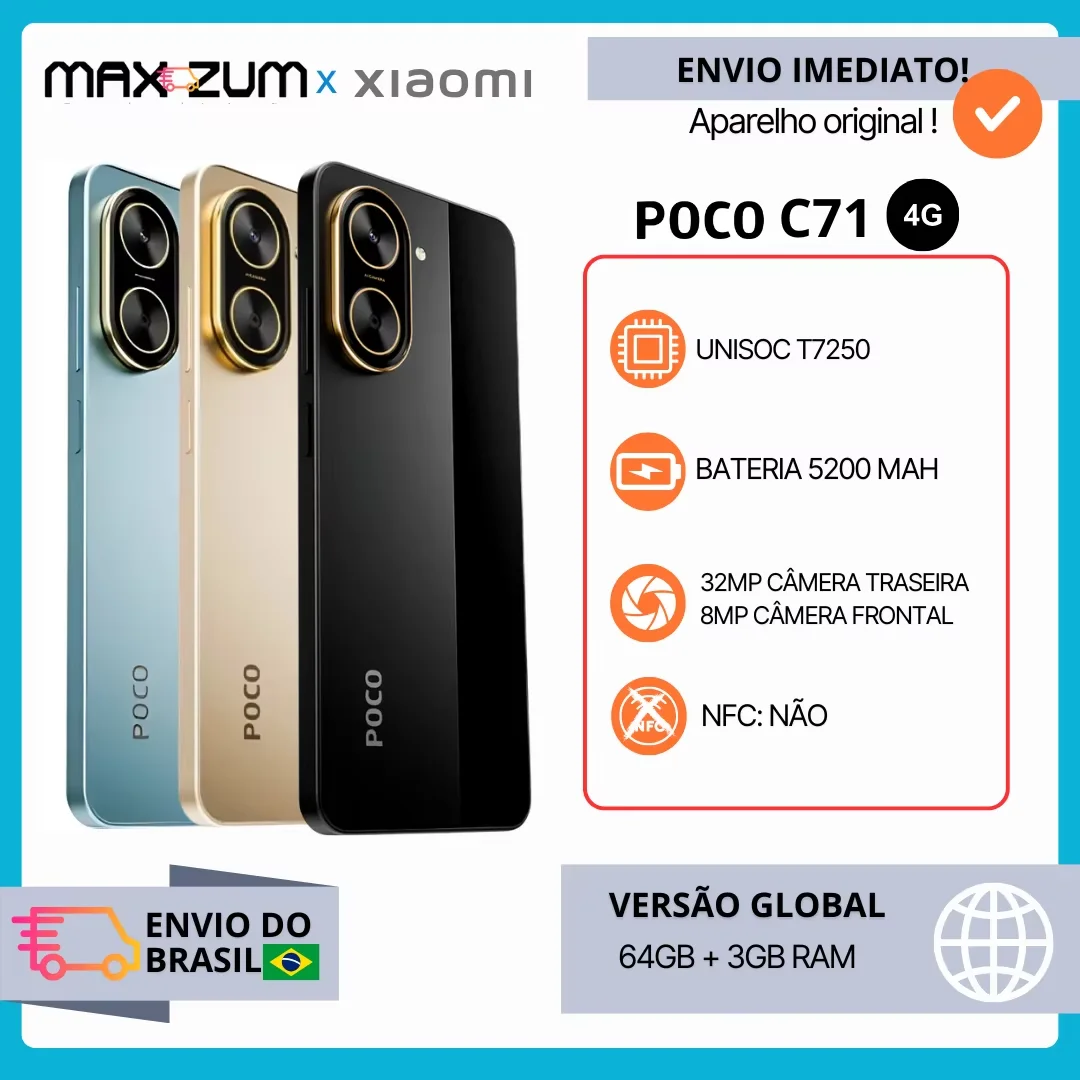 Poco C71 4G 64GB+3GB RAM, Processador UNISOC T7250, Câmera 32 MP, Versão Global , Bateria 5200mAh 