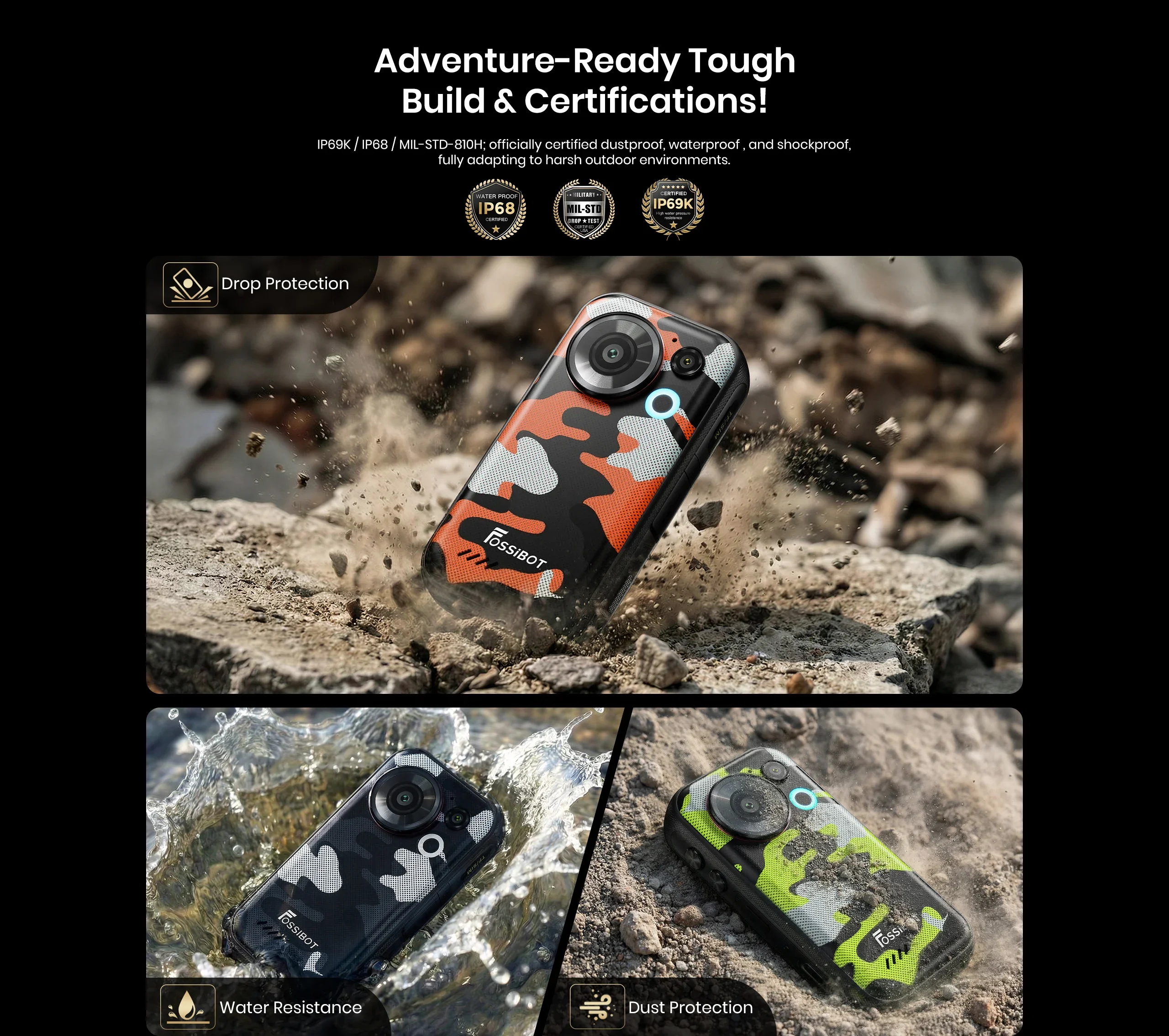 FOSSiBOT F116 Pro 5G Mini Rugged Phone Dimensity 7300, 36GB(12+24)+256GB, 4" HD Screen, 3700mAh 33W Charge, Android 16, 152.6° Wide Angle 50MP+48MP OIS+32MP, IP68, LED Light, One-Click Video, Fashion Business Outdoor Cell Phone