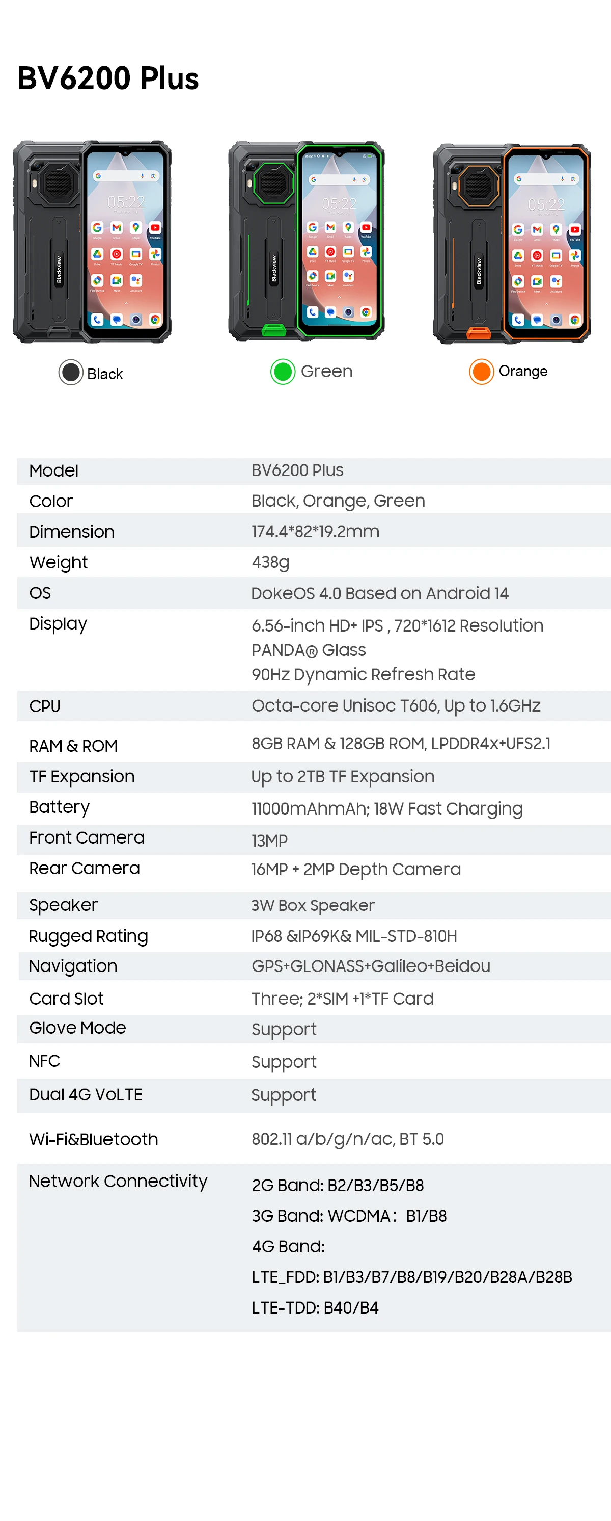 Blackview BV6200 Plus [No EU Charger] 32GB(8+24)+128GB 11000mAh Android 14 Mobile Phone 6.56" HD+ Screen 16MP NFC