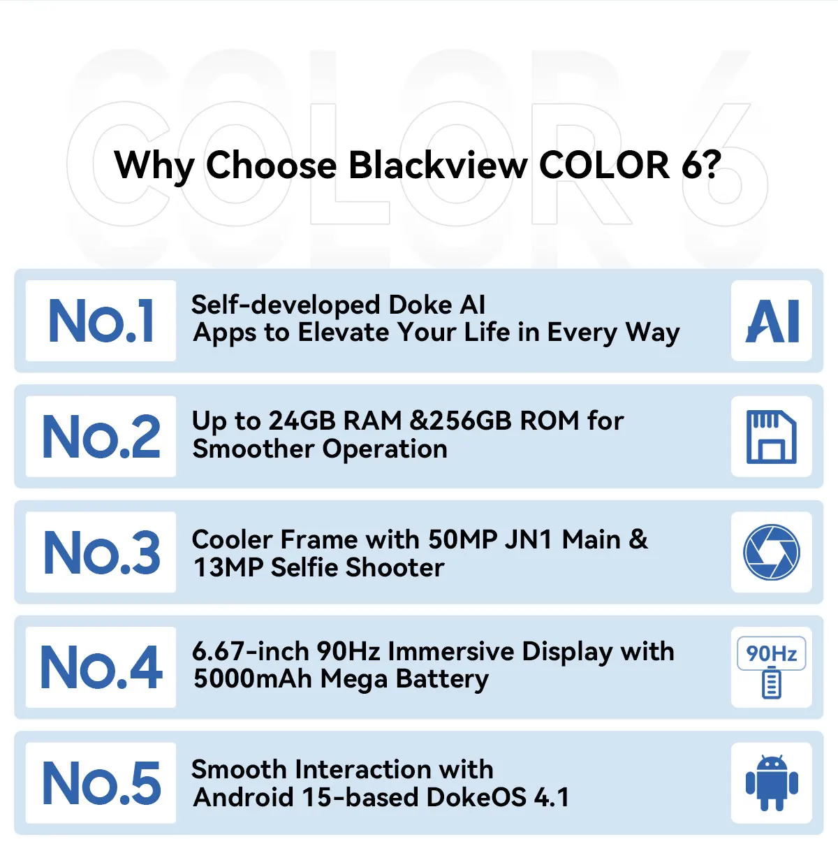 Blackview COLOR 6 Smartphone 6.67inch Display MTK G81 8GB RAM 128GB/256GB ROM 50MP Camera 5000mAh Battery Android 15 Cellphone