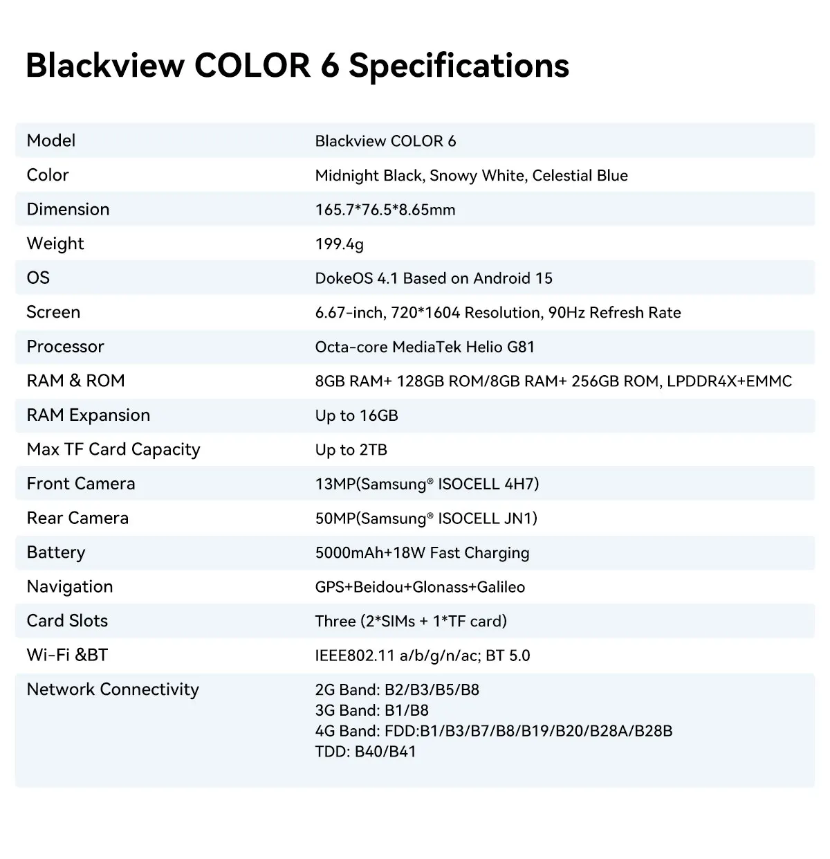 Blackview COLOR 6 Smartphone 6.67inch Display MTK G81 8GB RAM 128GB/256GB ROM 50MP Camera 5000mAh Battery Android 15 Cellphone
