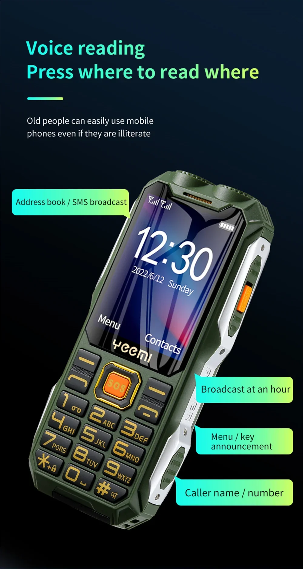 YeeMI Q8 4G Rugged Phone 16800mAh Big Battery Dual Flashlight 2.6Inch HD Screen Dual SIM Mobile Phone Large Button Cellphone SOS
