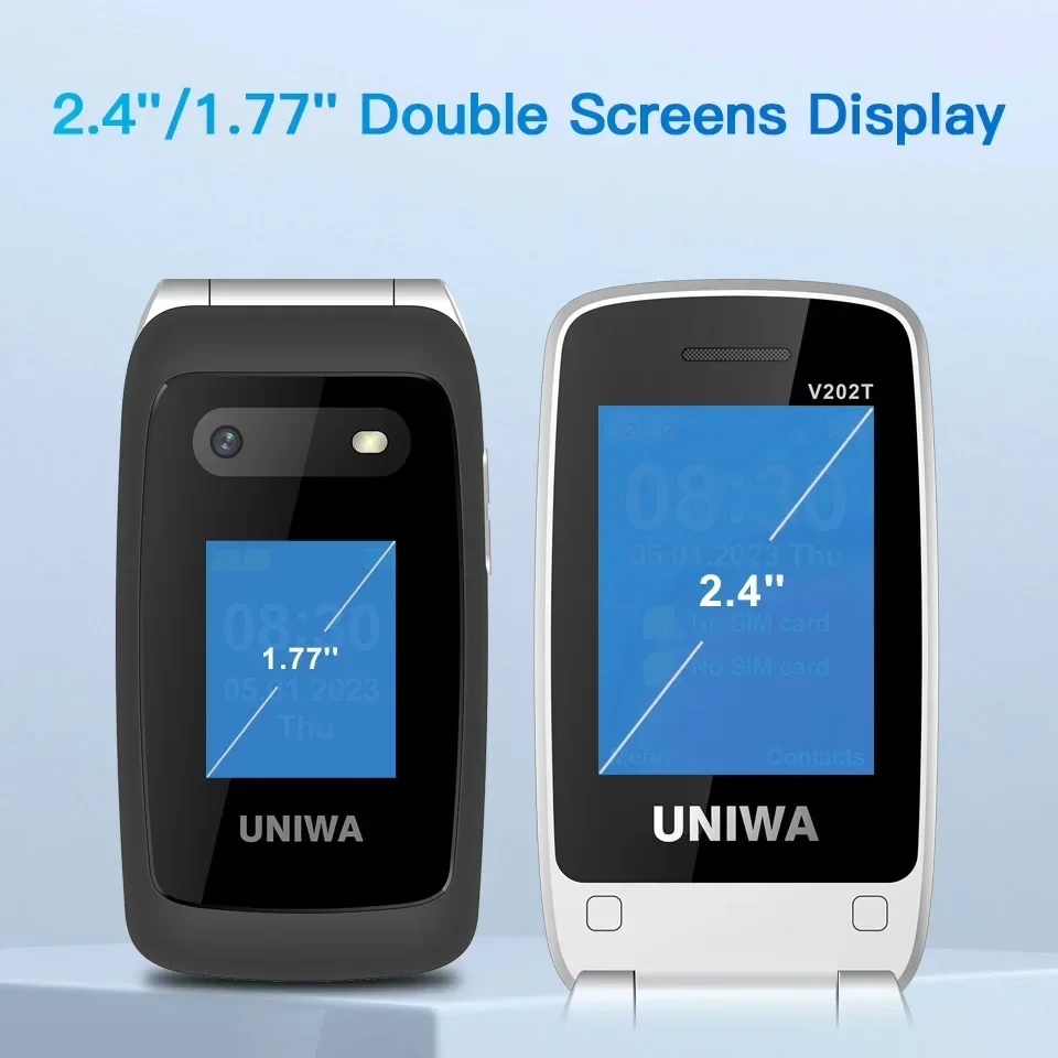 UNIWA V202T 4G VoLTE Flip Phone Dual Screen Feature Mobile Phone 0.3mp Camera 1450mAh FM Radio Telephone Russian Keyboard Global