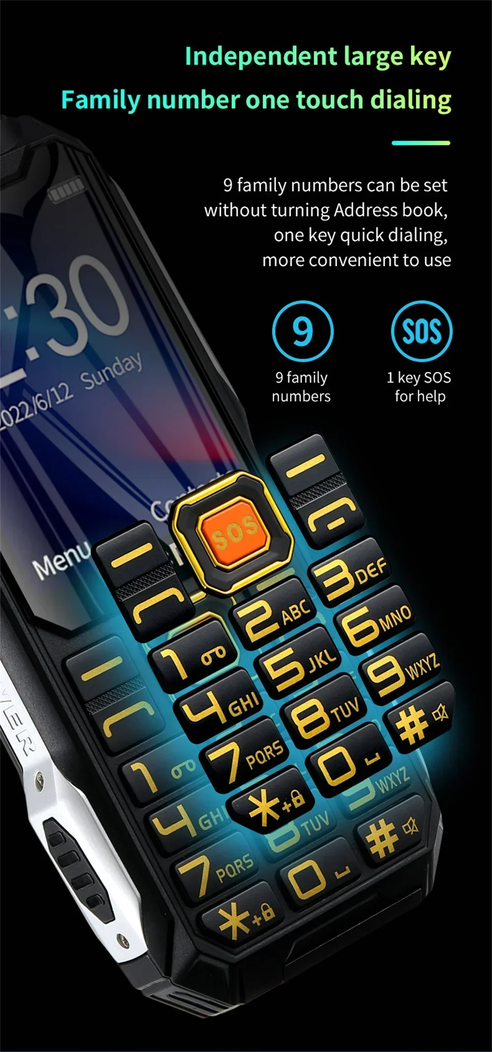 YEEMI Q8 GSM 2G Rugged Phone Big Battery Dual Flashlight 2.6 Inches HD Screen Dual SIM Mobile Phone Large Button Cellphone SOS
