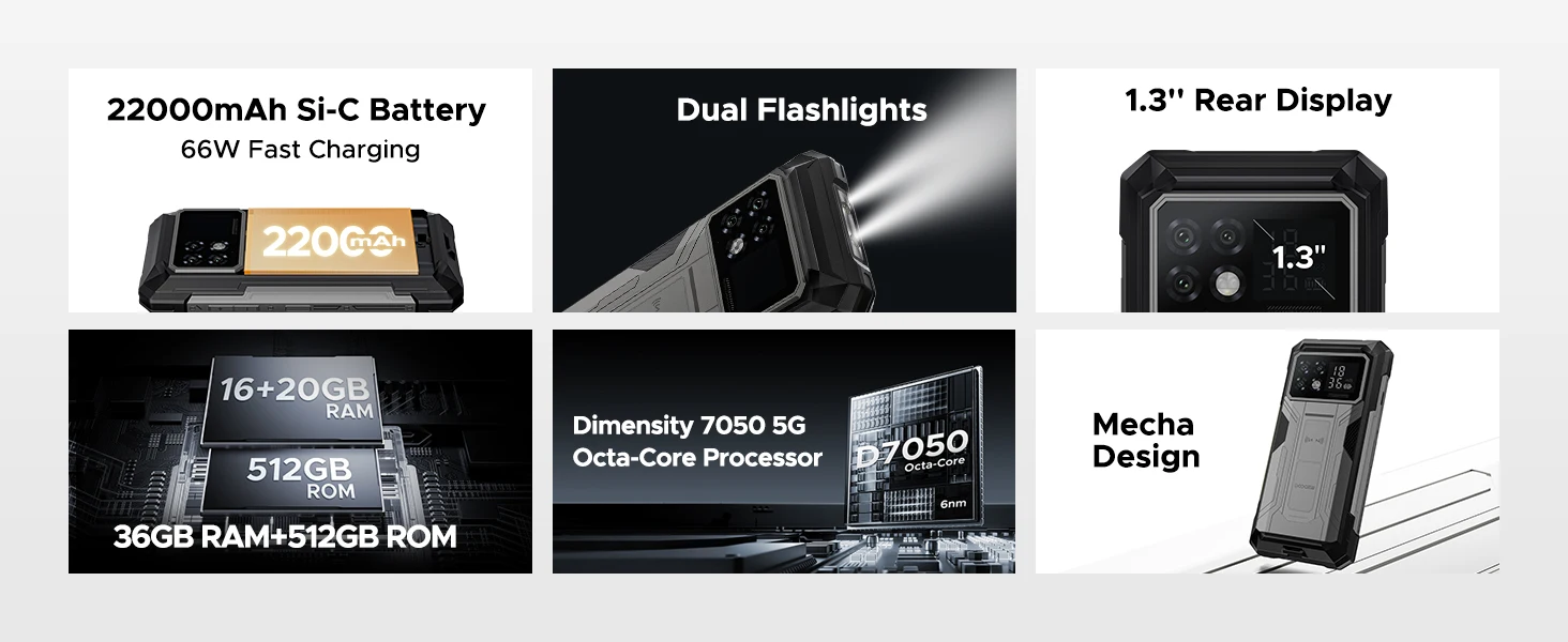 DOOGEE S200 Max Rugged Phone 36GB+512GB 22000mAh 66W Dual-LED Flashlight 1.32" Rear Display Dimensity 7050 108MP Camera NFC