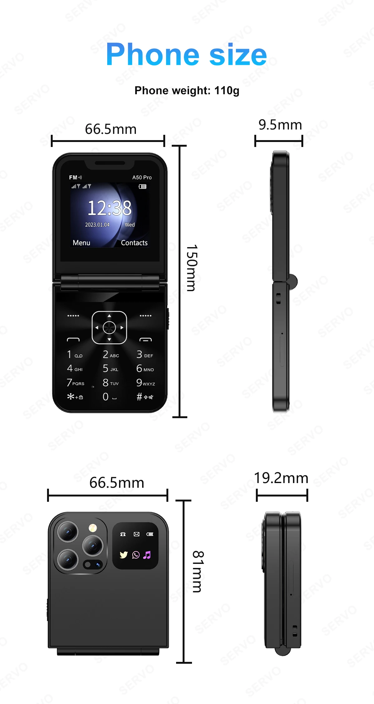 SERVO A50 PRO Flip Mobile Phone 2 SIM Standby Speed Dial Call Recording Blacklist Flashlight 2.4" Display 2G Foldable Cellphones