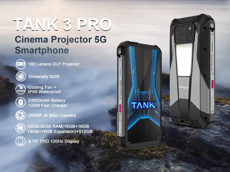 Unihertz Tank 3 Pro 8849 Rugged Smartphone Android 5G with 100 Lumens Projector 32/36GB 512GB 23800mAh Waterproof 200MP Phones