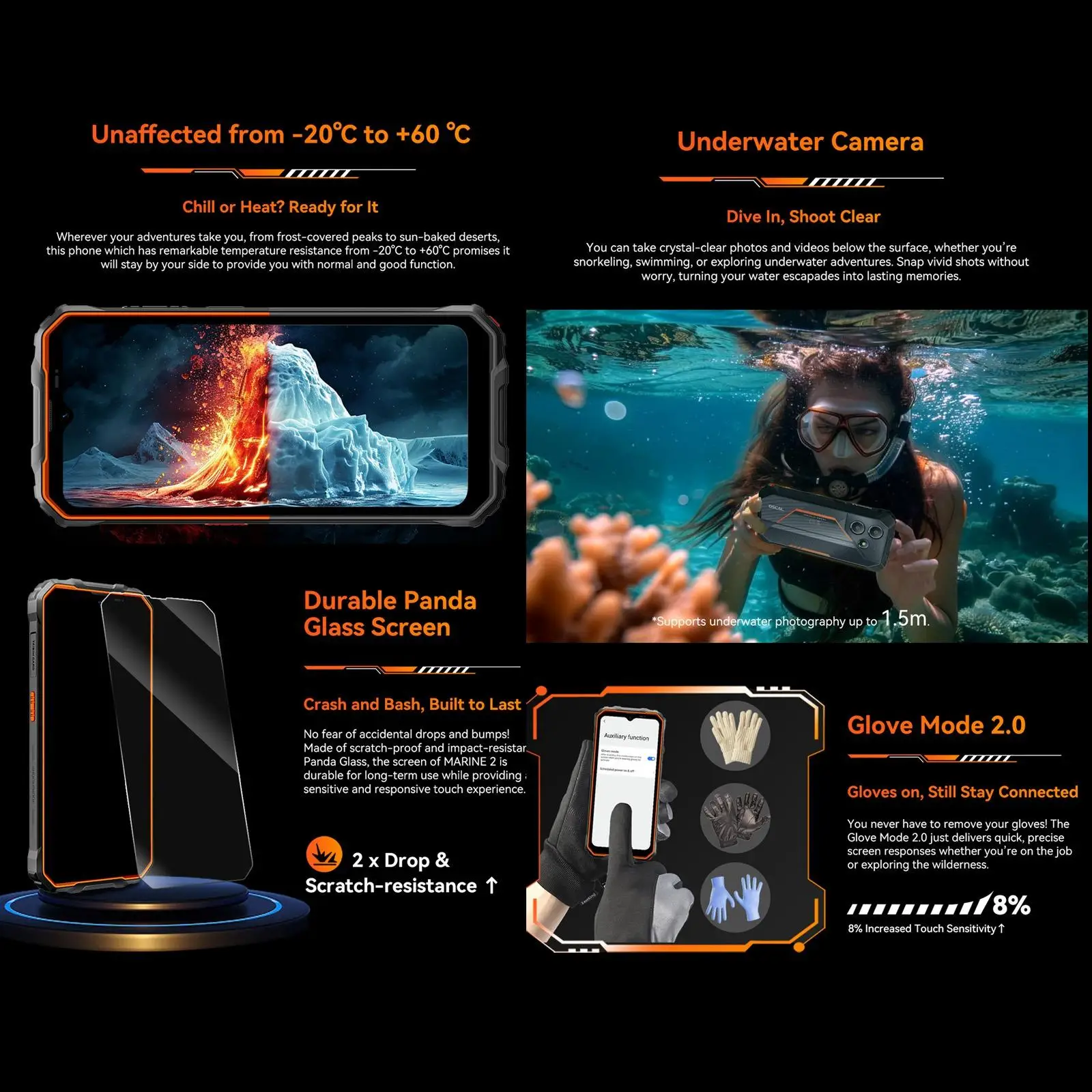 Blackview Oscal Marine 2 Rugged Phone 4GB+64GB Smartphone 6.56 " Android 15 Unisoc T61 AI 11000mAh Battery Octa Core 4G NFC