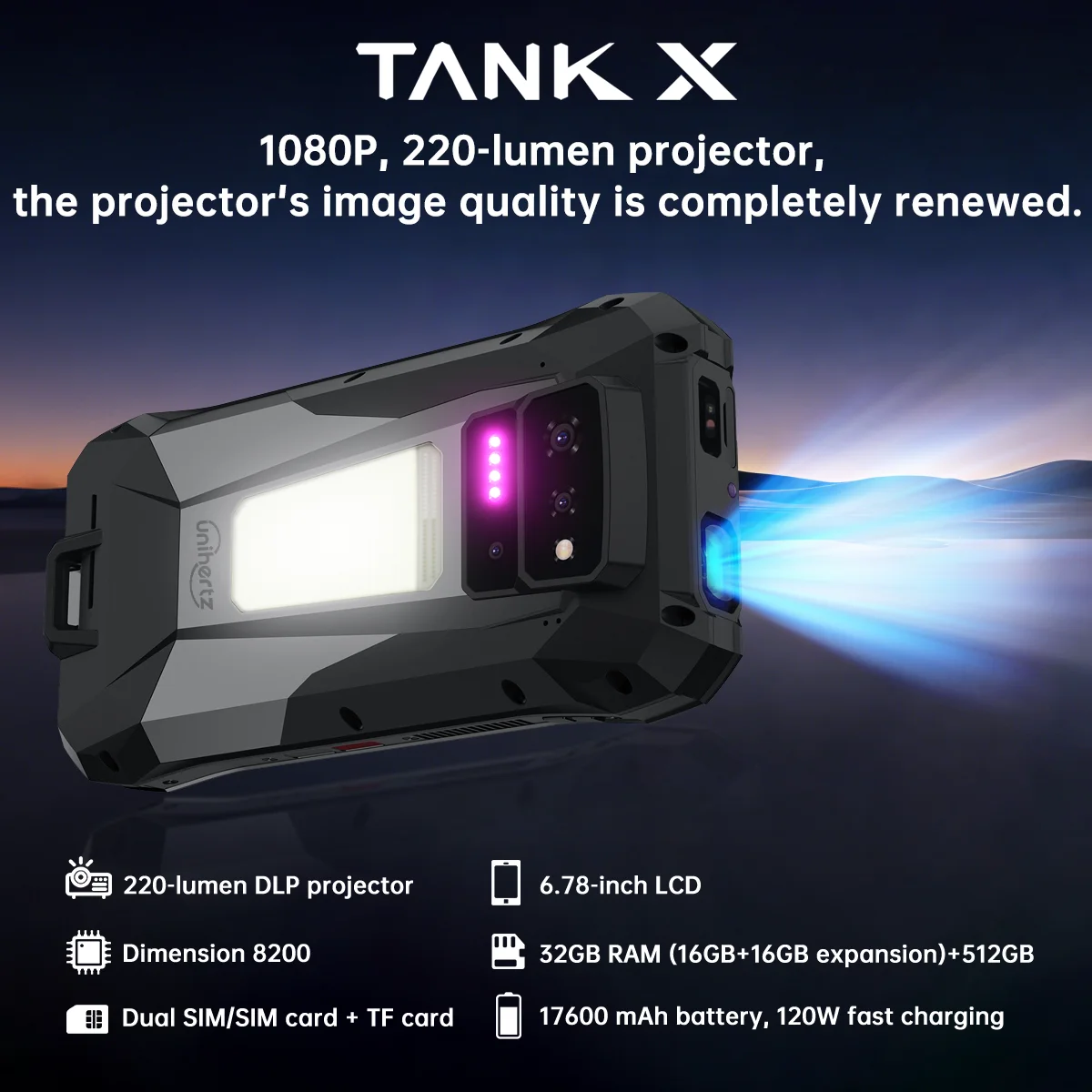 World Premiere】Unihertz by 8849 TANK X Rugged Phone 5G Android 15 Built-in 1080P 220 Lumen Projection 17600mAh Battery 32+512GB