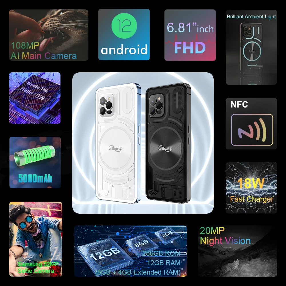 Unihertz Luna Smartphone Rhythm Ambient LED strip Music Phone 8GB RAM 256GB ROM 108MP G99 Mobile Phone Night Vision Cellphone