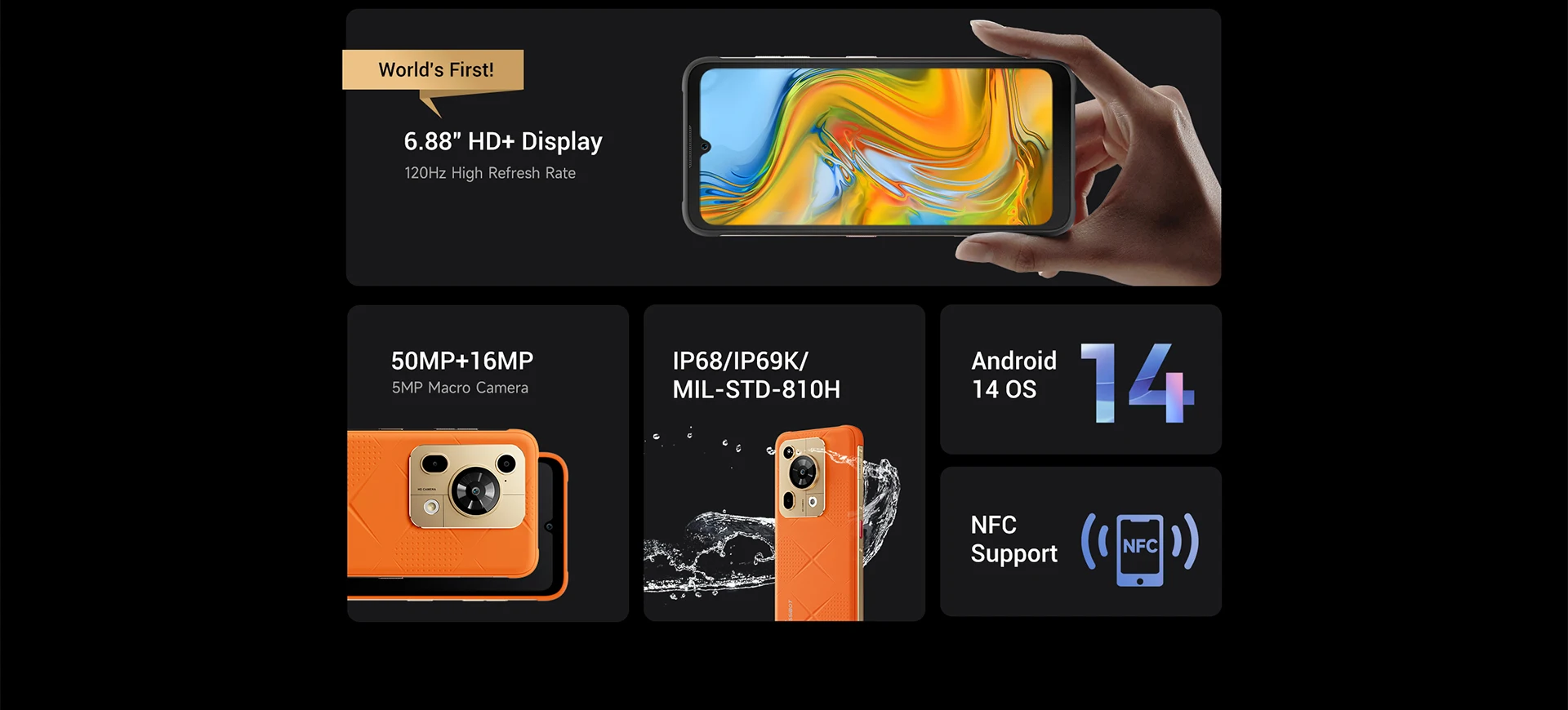 FOSSiBOT F112 Pro 5G Smartphone,24GB RAM(8GB+16GB Virtual) 256GB ROM,6.88" HD+ Display,50MP Main Camera,7150mAh Large Battery,18W Fast Charging,NFC,Android 14,Mobile Phone Global Version Dual SIM Unlocked Cell Phone For Daily Work Entertainment