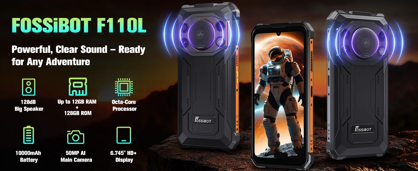 Fossibot F110L Rugged Smartphone, Android 15, 12GB(4+8GB Expand) RAM 128GB ROM, 6.745" HD+ IPS Display, 10000mAh Large Battery, 50MP+8MP+5MP Triple Camera, NFC GPS