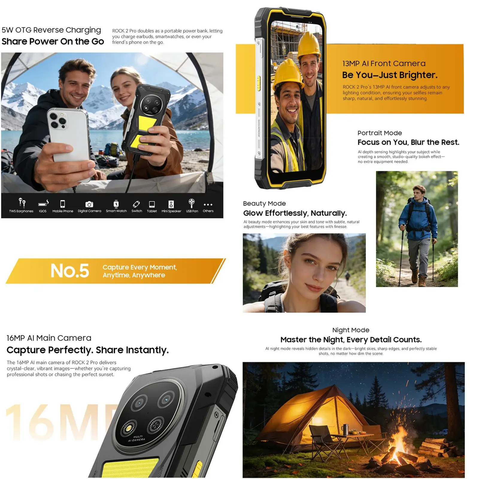 Blackview ROCK 2 Pro 5G Rugged Smartphone,32GB(8+24) RAM+256GB ROM,6.67" IPS 120Hz Display,400lm Camping Light,15000mAh Battery,33W Fast Charge,NFC,Android 16,IP68 IP69K Waterproof Outdoor Phone