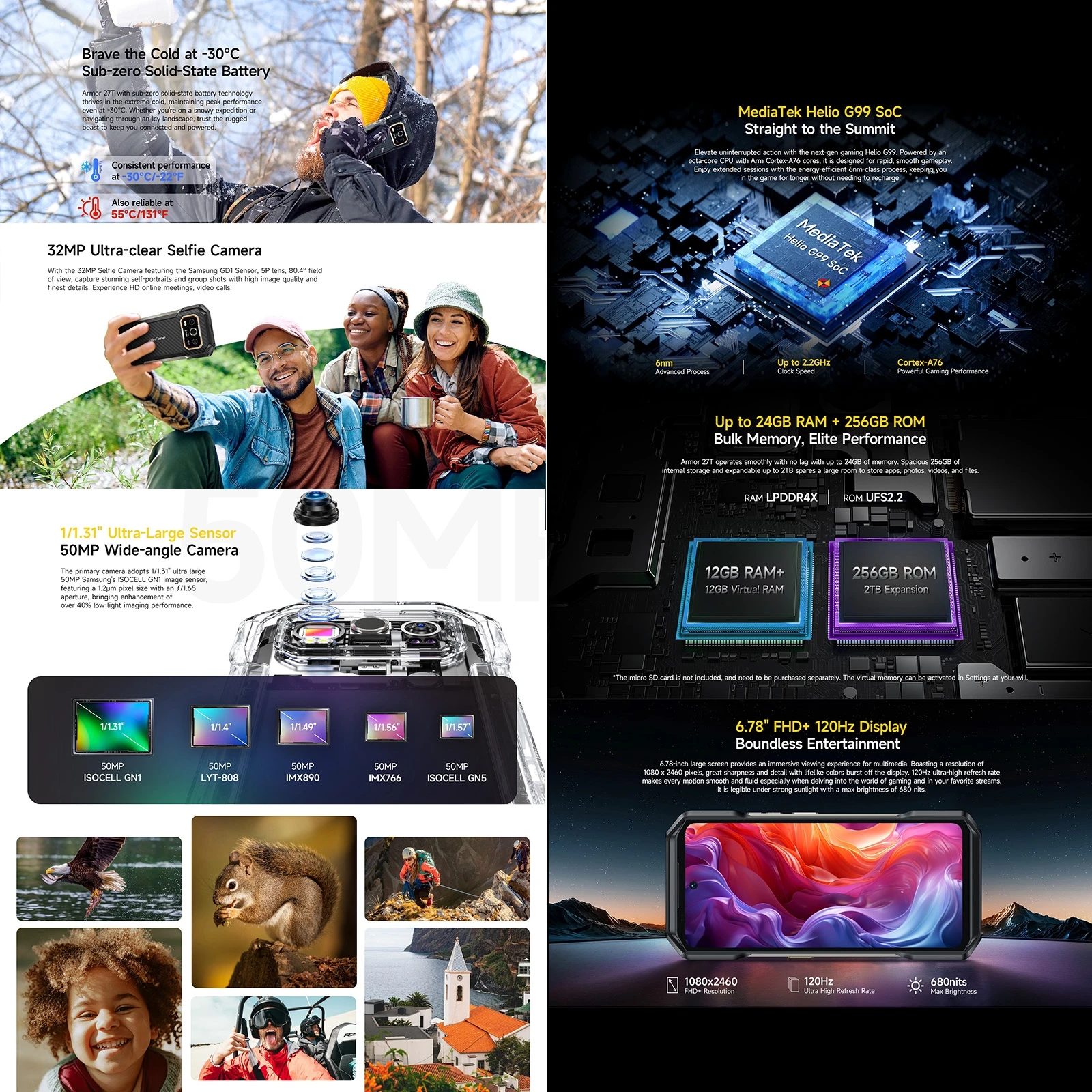 Ulefone Armor 27T+ Rugged Phone 12GB+256GB Thermal Imager 6.78'' 10600mAh Android 15 MediaTek Helio G99 Night Vision 4G NFC