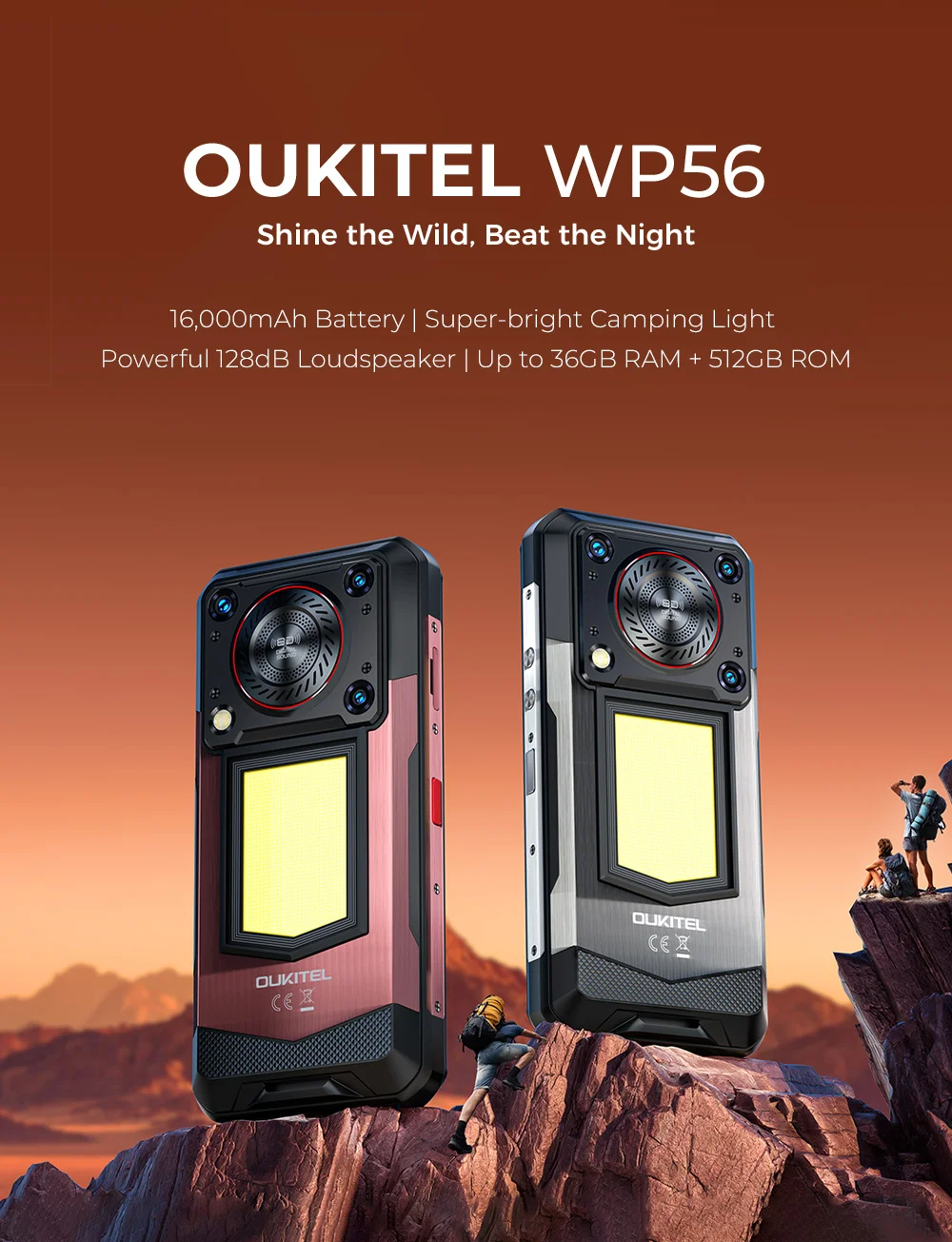 OUKITEL WP56 Android 15 Smartphone 36GB(12+24) 512GB 16000mAh 45W Camping Light 6.8“ FHD 120Hz 128dB Speaker 108MP 5G Cellphone