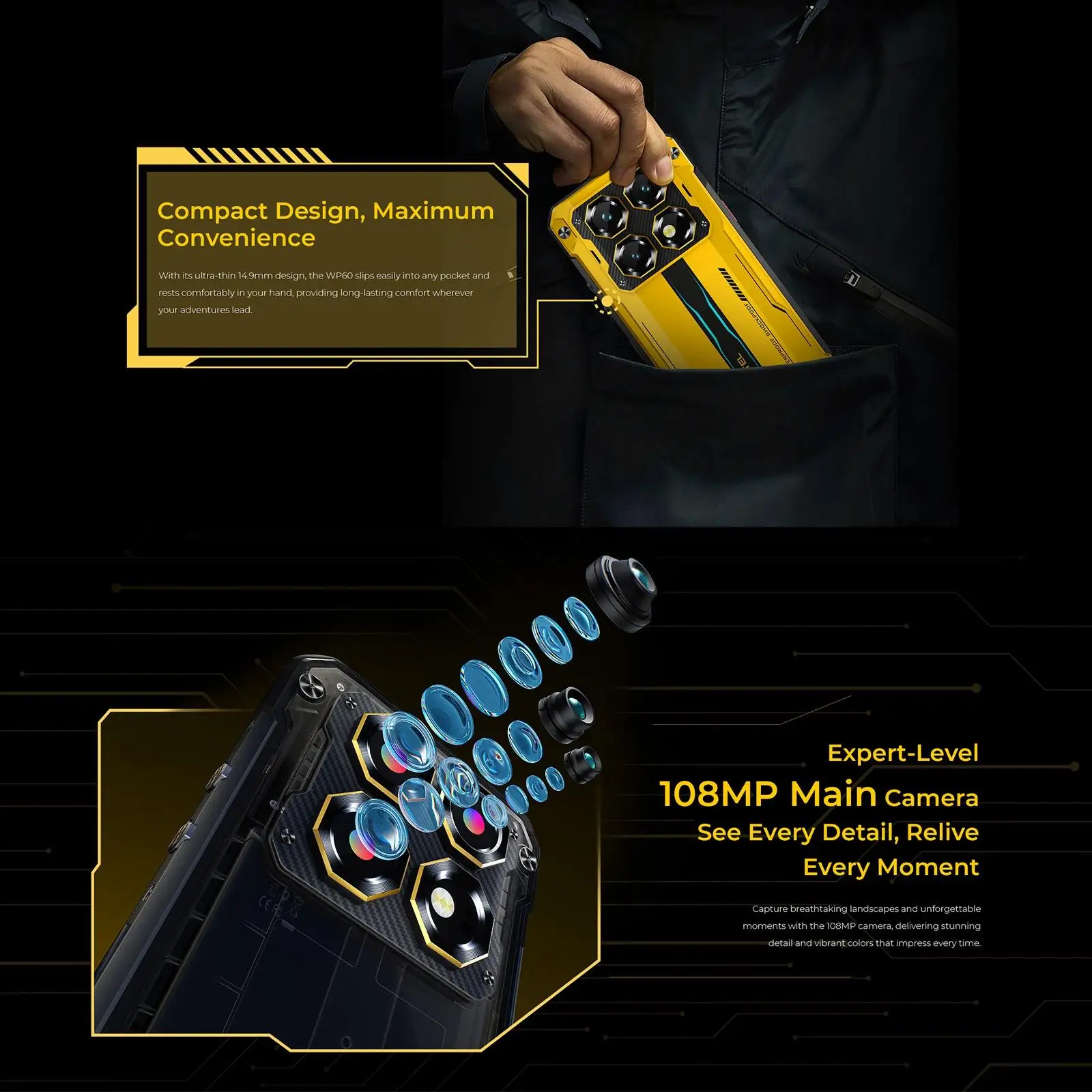 Oukitel WP60 Rugged Phone 48GB(16+32) +512GB 108MP Camera Side Fingerprint 7.2” Display Android 15 MTK 7025 NFC 5G Smartphone