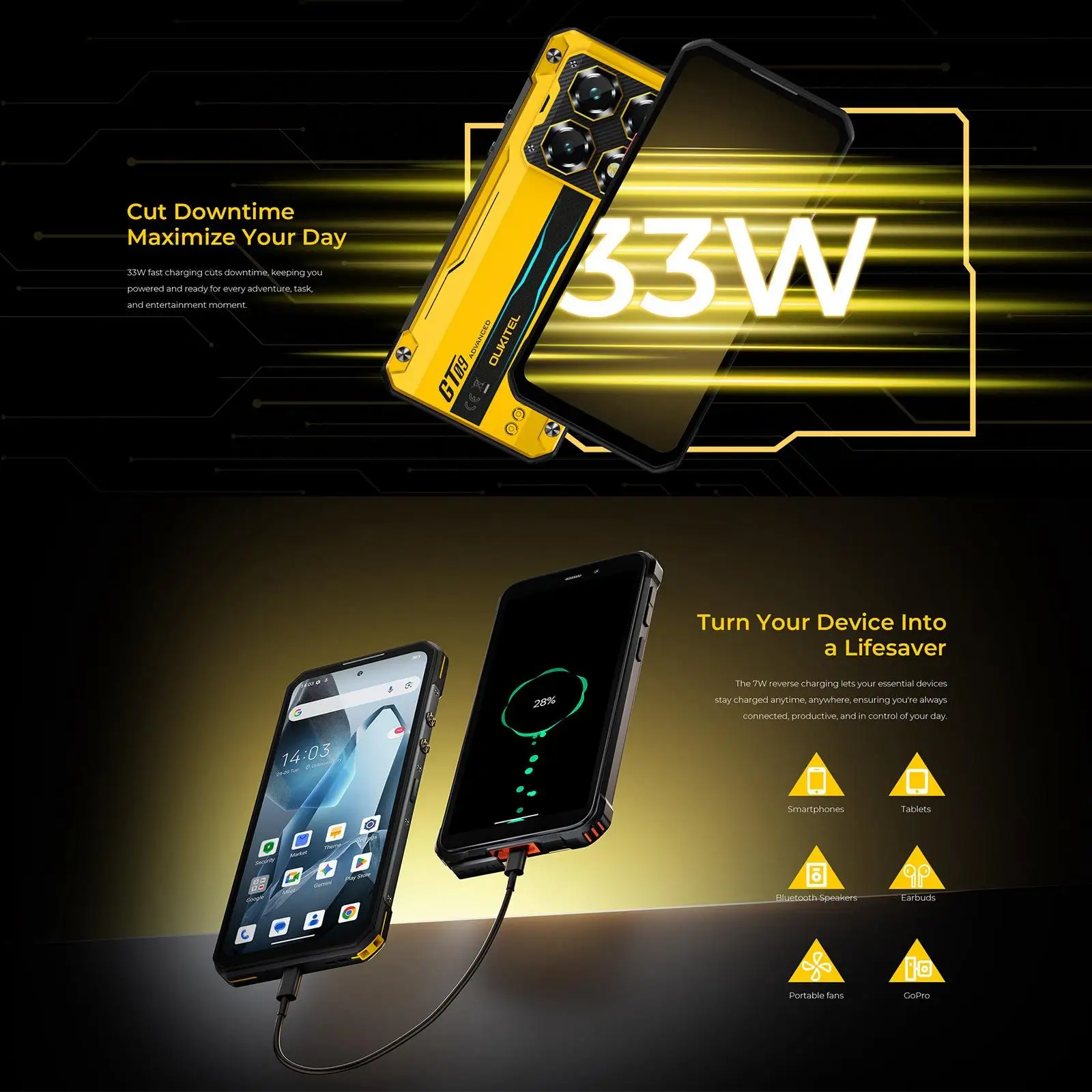 Oukitel WP60 Rugged Phone 48GB(16+32) +512GB 108MP Camera Side Fingerprint 7.2” Display Android 15 MTK 7025 NFC 5G Smartphone