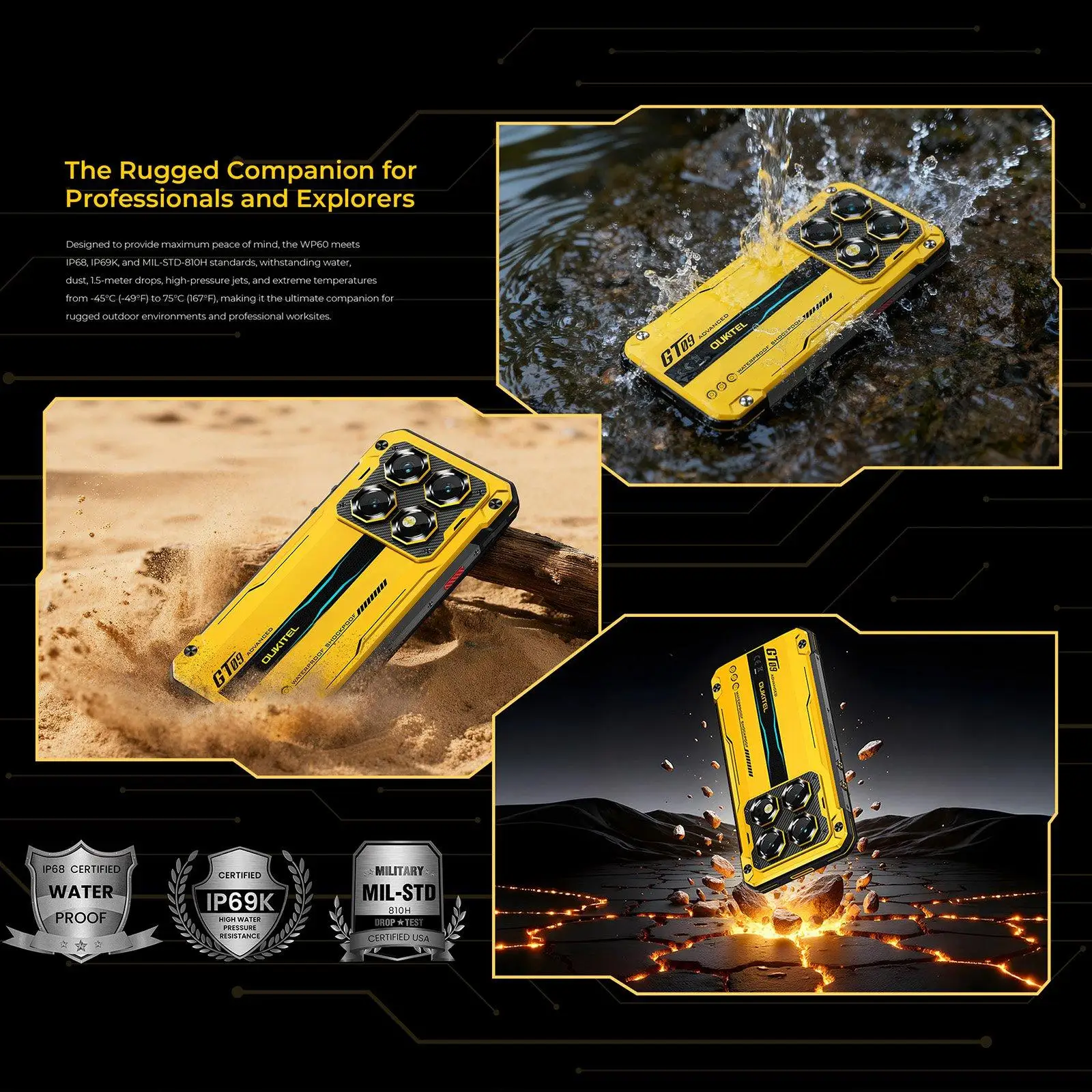 Oukitel WP60 Rugged Phone 48GB(16+32) +512GB 108MP Camera Side Fingerprint 7.2” Display Android 15 MTK 7025 NFC 5G Smartphone