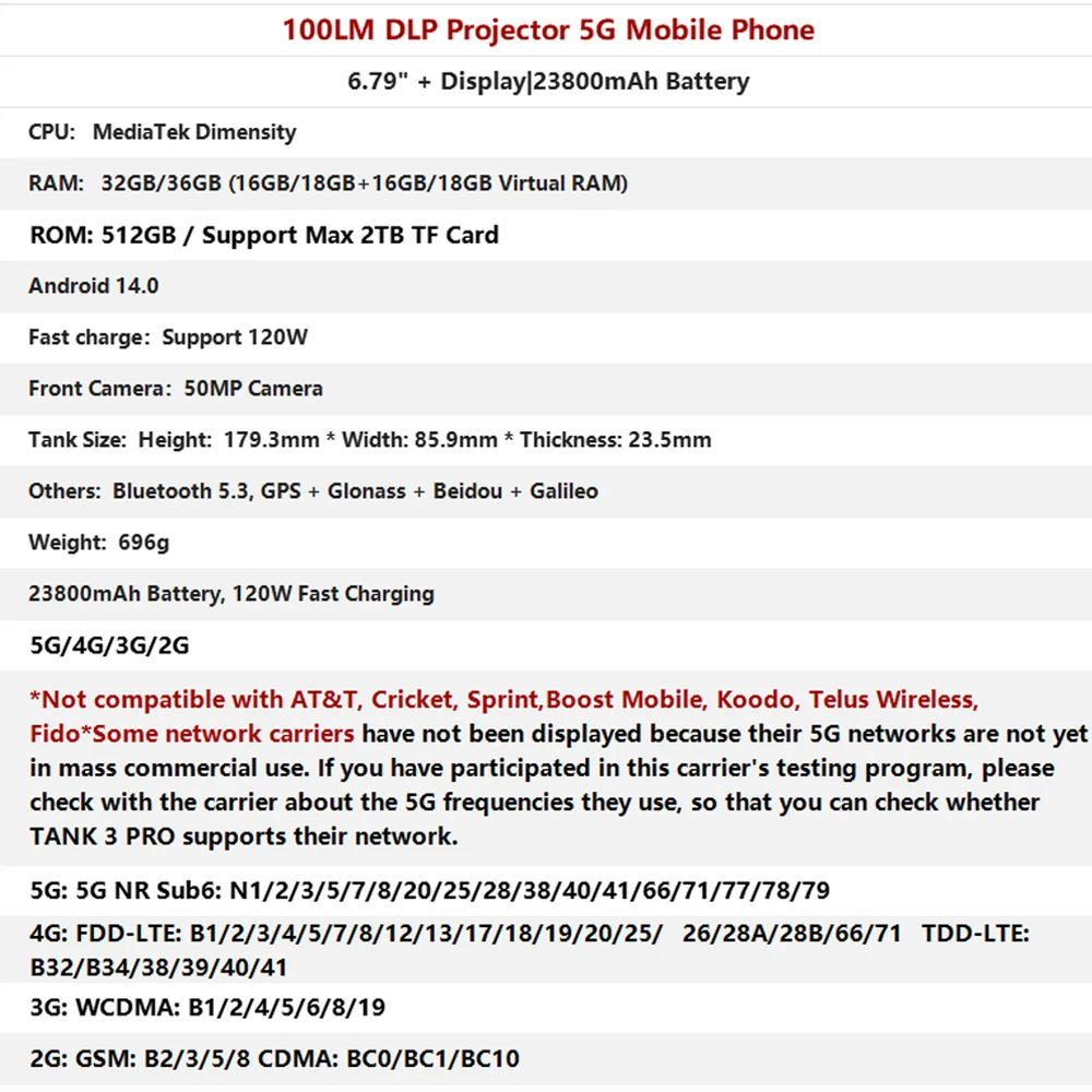 Unihertz Tank 3 Pro 8849 Rugged 5G Smartphone Android with 100 Lumens Projector 32GB 512GB 23800mAh 6.79" FHD Waterproof Phone