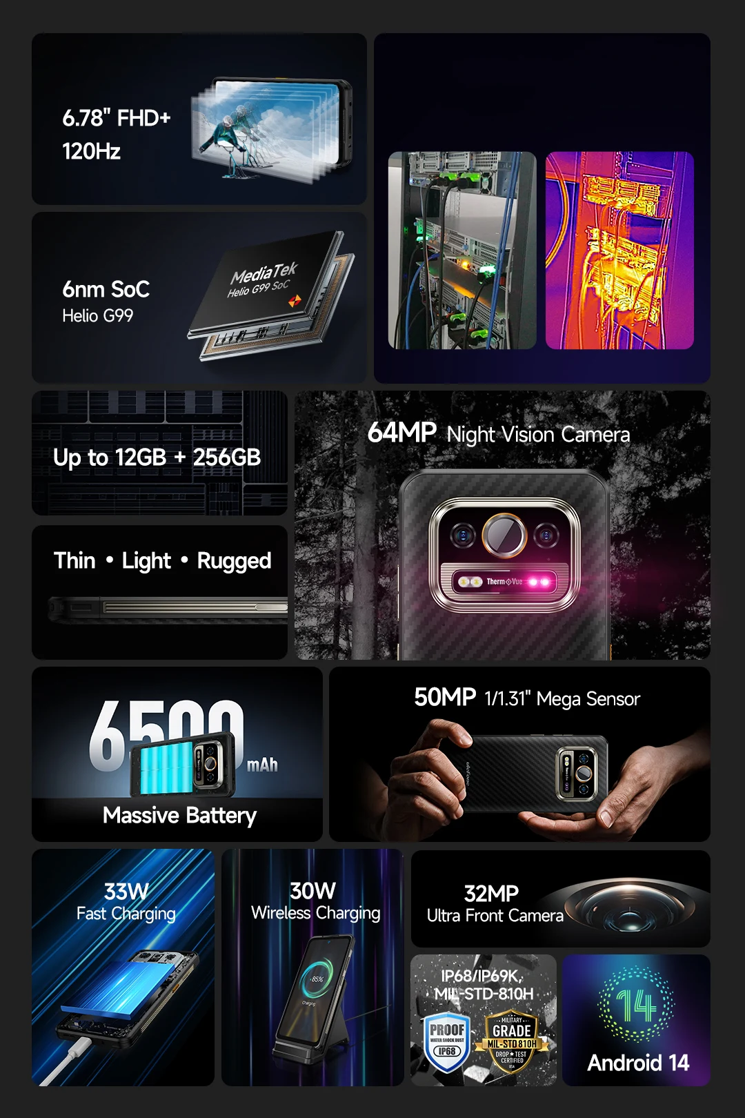 Ulefone Armor 25T 4G Rugged Phone Android 14 33W 50MP+64MP Night Camera NFC Waterproof Smartphone 6.78" 120Hz 256GB ROM Global