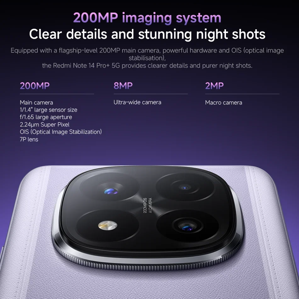 Xiaomi Redmi Note 14 Pro+ Plus 5G Global Version Cell Phone 200MP AI Camera Snapdragon 7s Gen 3 120W HyperCharge 1.5K 120Hz IP68