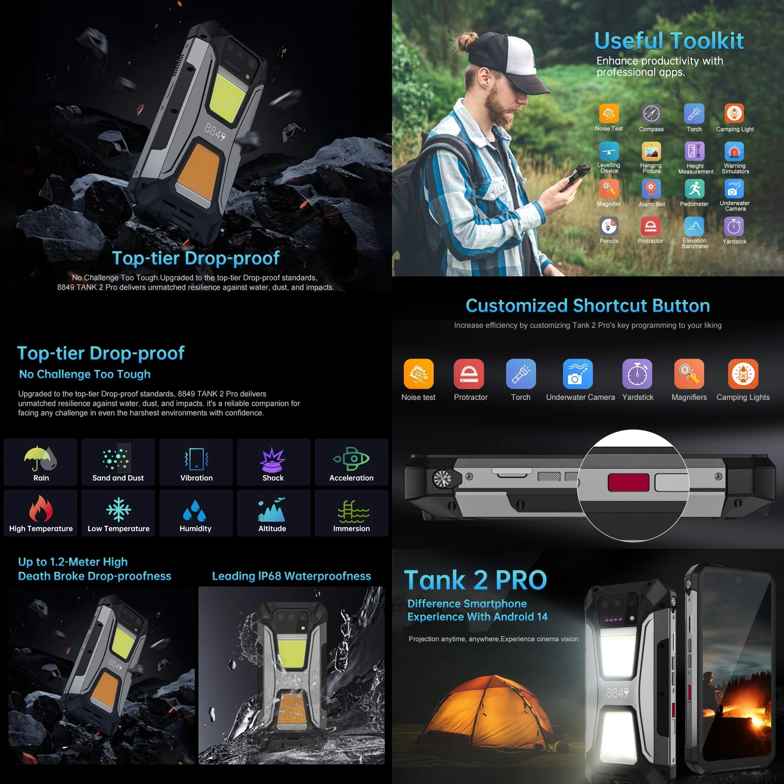 Unihertz 8849 Tank 2 Pro Rugged Phone 12GB+512GB Night Vision Projector 6.79 "FHD Android 14 100MP 23800mAh 4G Smartphone