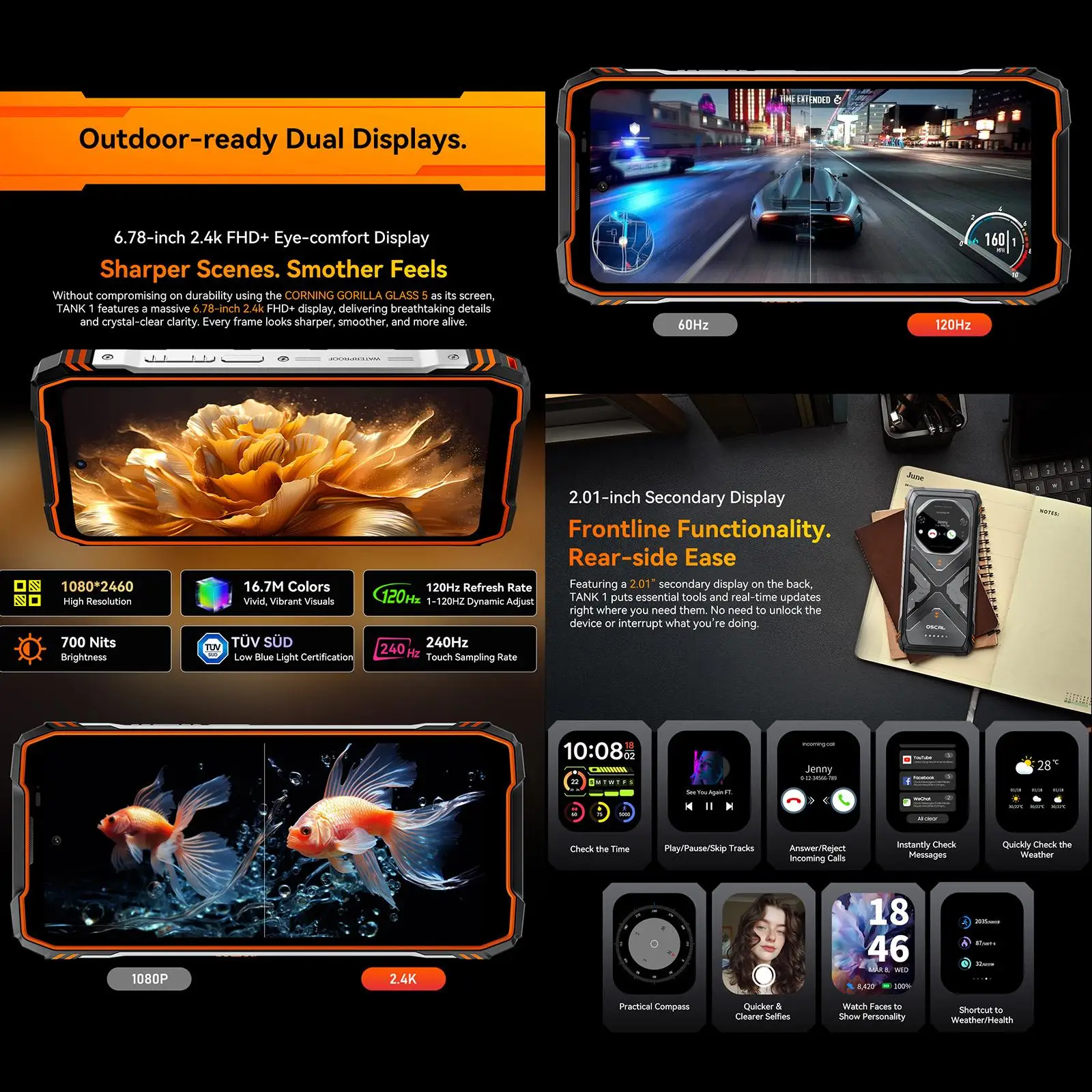 Blackview Oscal TANK 1 Rugged Phone 16GB+512GB 6.78" Android 15 DokeOS 4.2 Mediatek Dimensity 7050 20000mAh 64MP 5G Smartphone