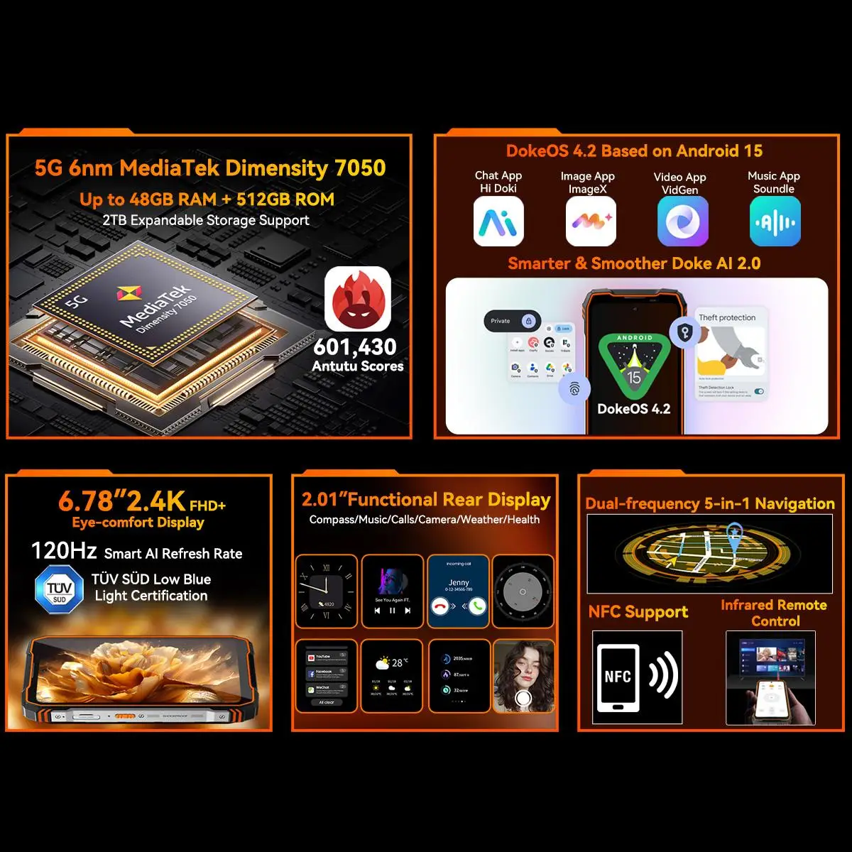 Blackview Oscal TANK 1 Rugged Phone 16GB+512GB 6.78" Android 15 DokeOS 4.2 Mediatek Dimensity 7050 20000mAh 64MP 5G Smartphone