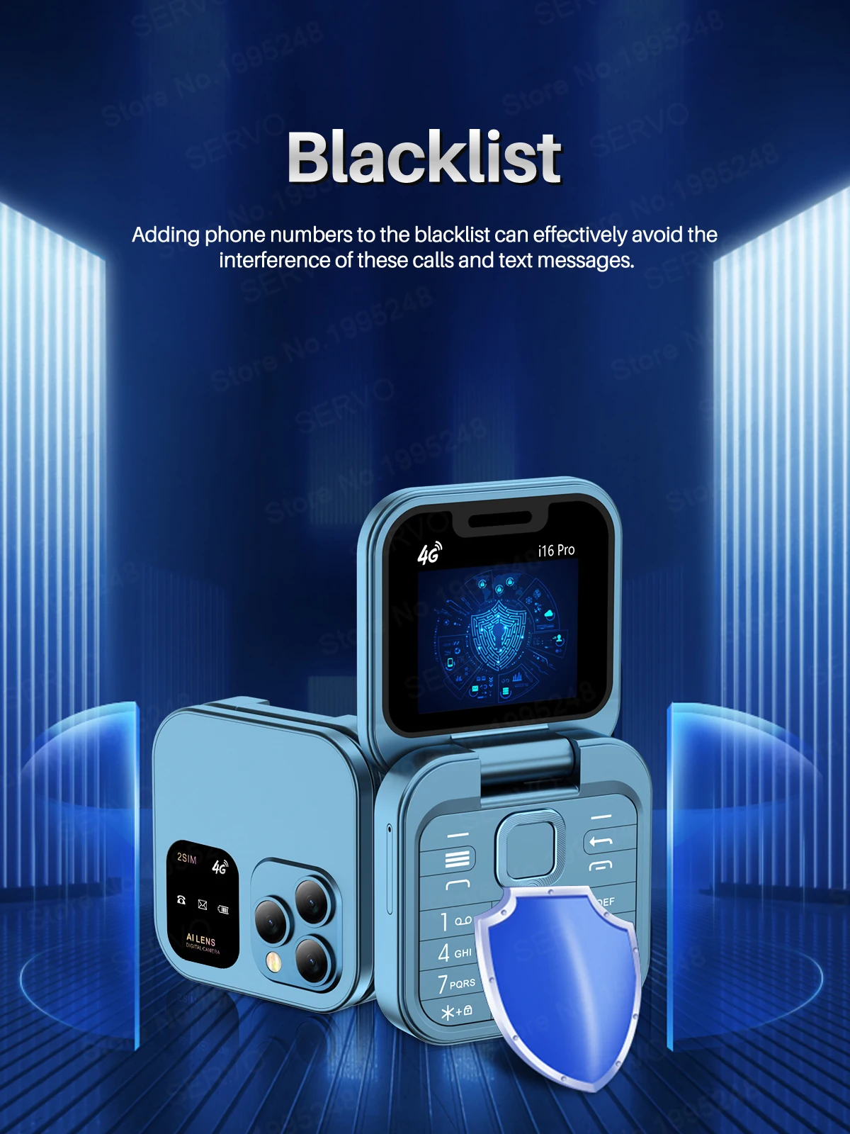 SERVO I16 PRO 4G LTE Foldable Mini Mobile Phone 2 SIM Speed Dial Call Recording Flashlight 1.77'' Screen Flip Cellphone Blacklis