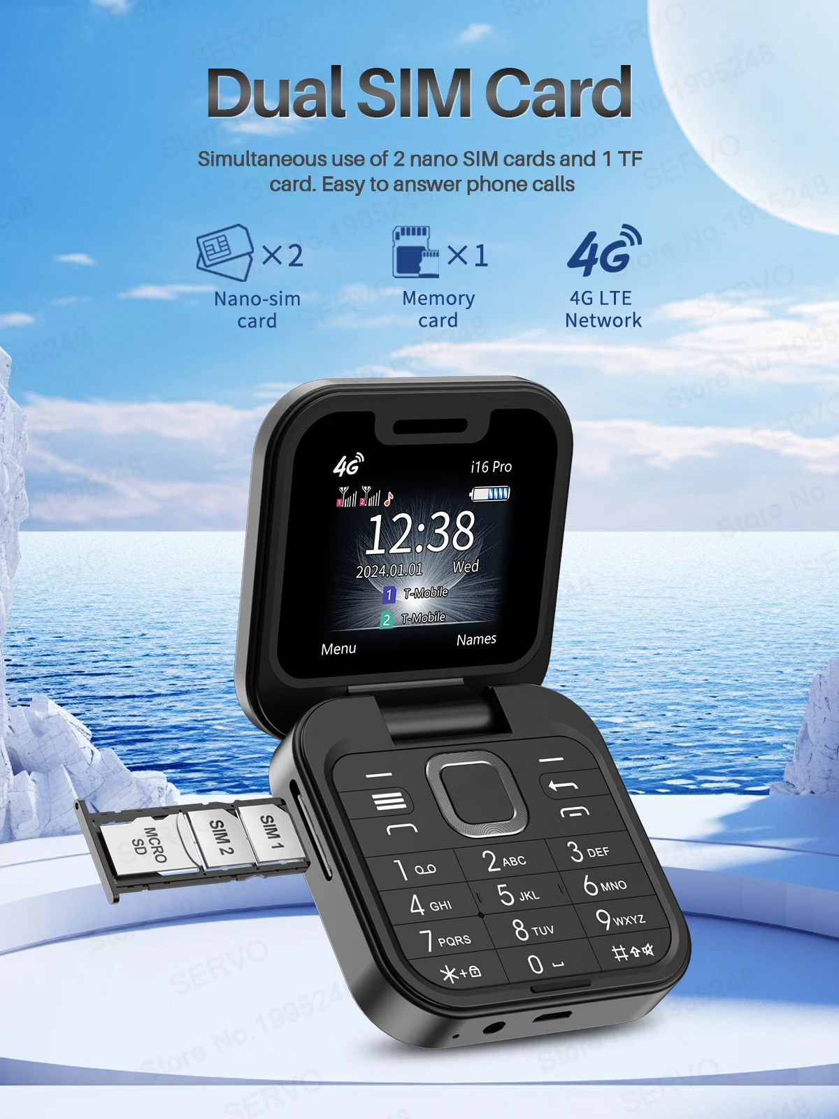 SERVO I16 PRO 4G LTE Foldable Mini Mobile Phone 2 SIM Speed Dial Call Recording Flashlight 1.77'' Screen Flip Cellphone Blacklis